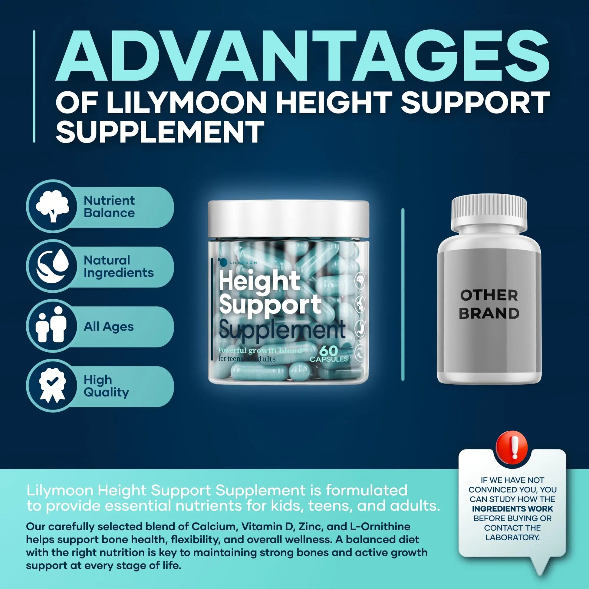 Height & Bone Support Supplement - Premium Height Growth Supplement for Kids & Teens with Calcium - Nutritional Support Bone Health Formula - Height Increase Essential Vitamins - 60 Caps LM LILYNUTRAMOONnz supplements