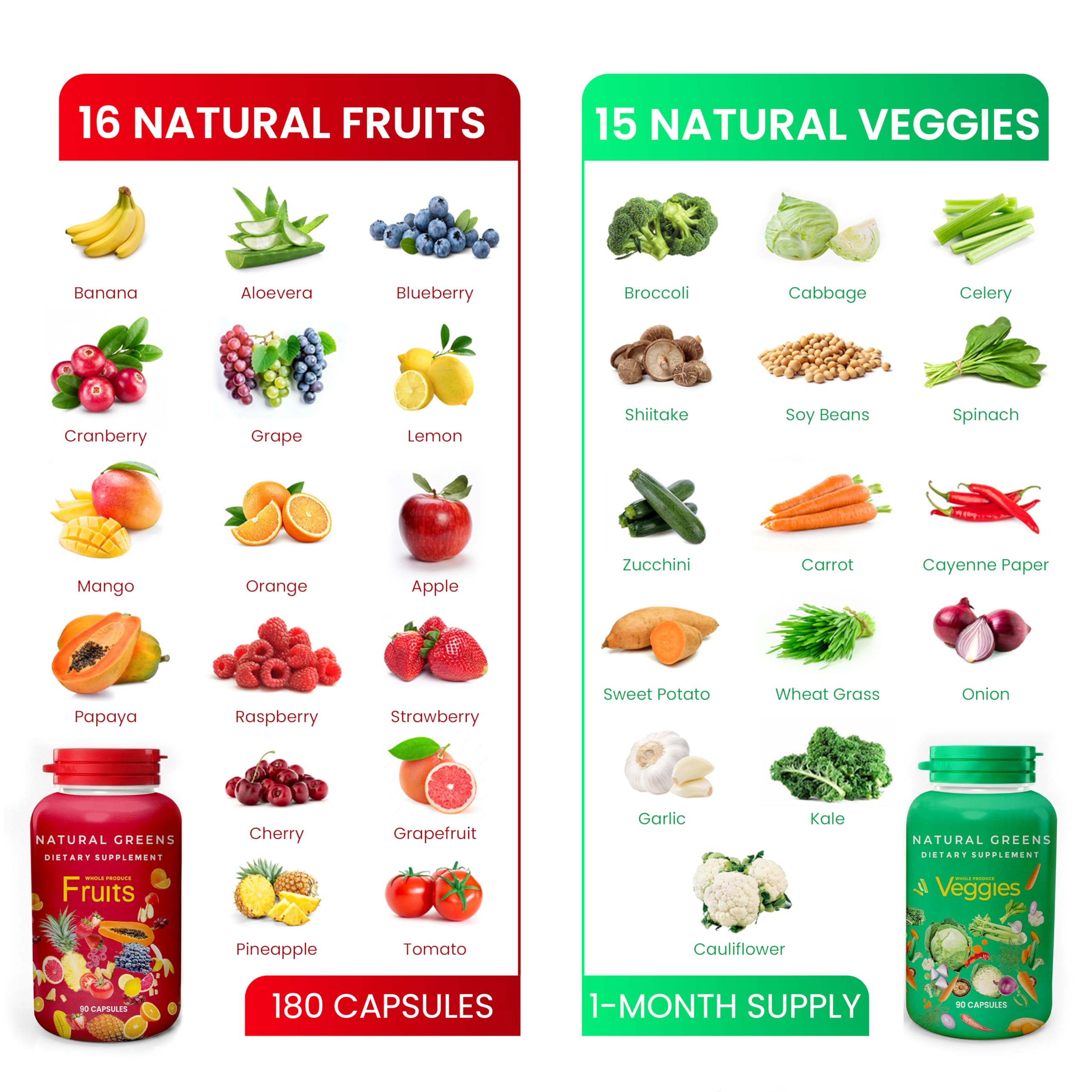 Fruits and Veggies Whole Produce Dietary Supplement with Superfood Fruits and Vegetables for Men, Women and Kids, 90 Fruit Capsules, 90 Veggie Capsules - 1 Set NATURAL GREENSAu supplements