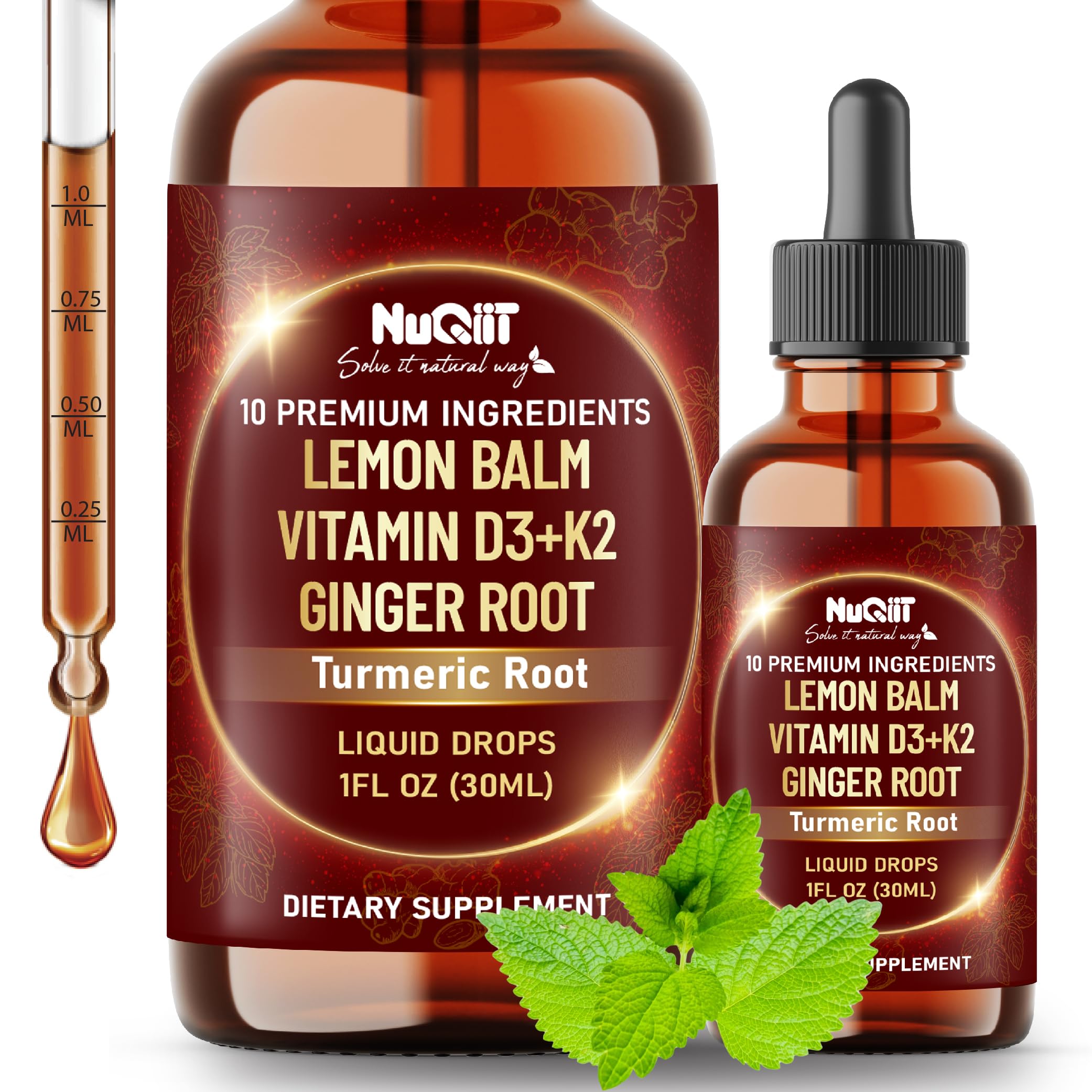 NUQIIT 10in1 Lemon Balm Tincture Blend Includes Vitamin D3, Vitamin K2, Lemon Balm, Ginger, Turmeric, Ceylon Cinnamon and More - 1 FL Oz - 60 Day Supply NUQIITAu supplements