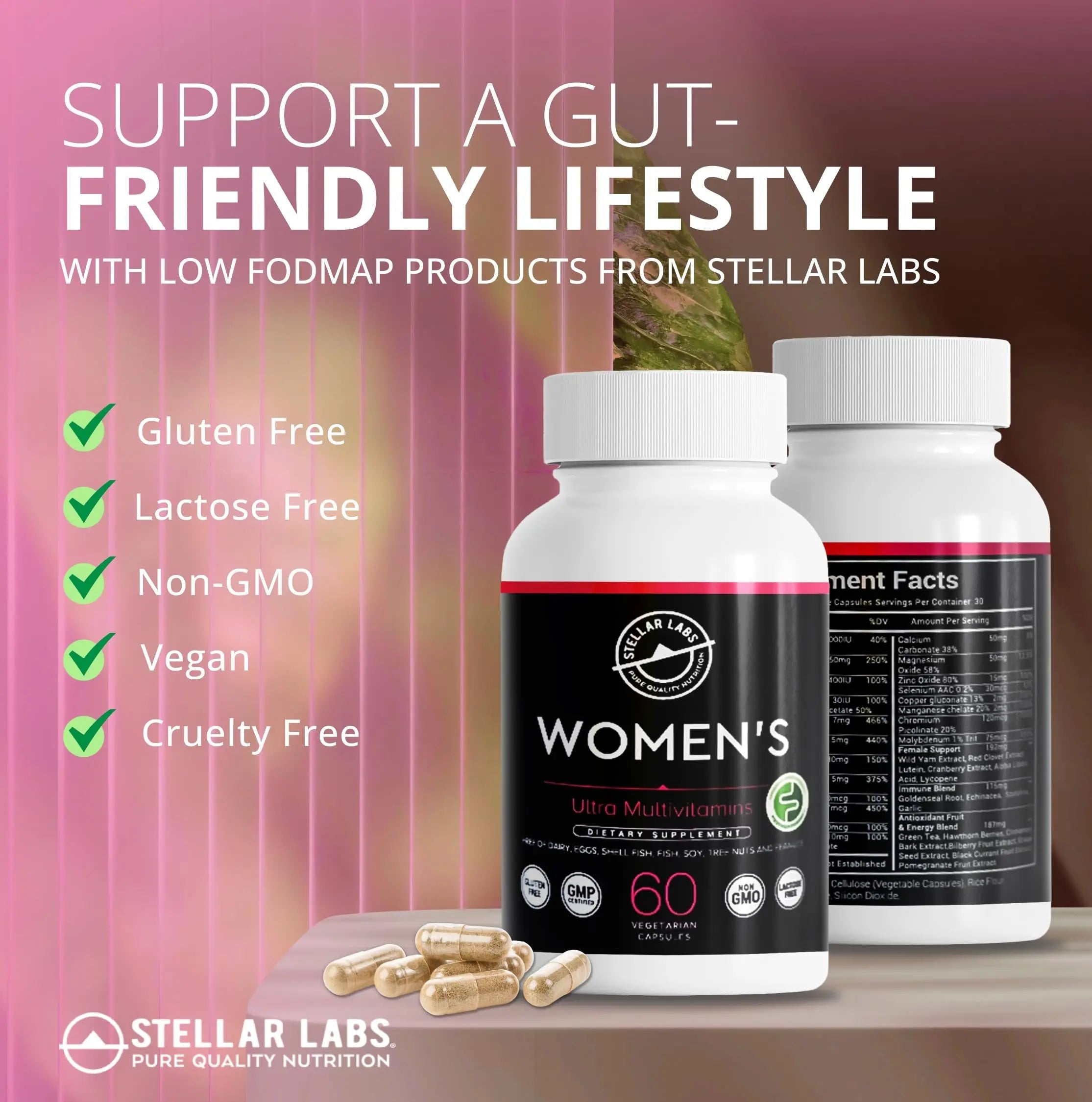 Stellar Labs Low FODMAP Vegan Women's Ultra Multi-Vitamin | Easy to Digest Daily Multivitamin Without Iron | Low Energy Supplement, Female Support | Stellar LabsAu supplements