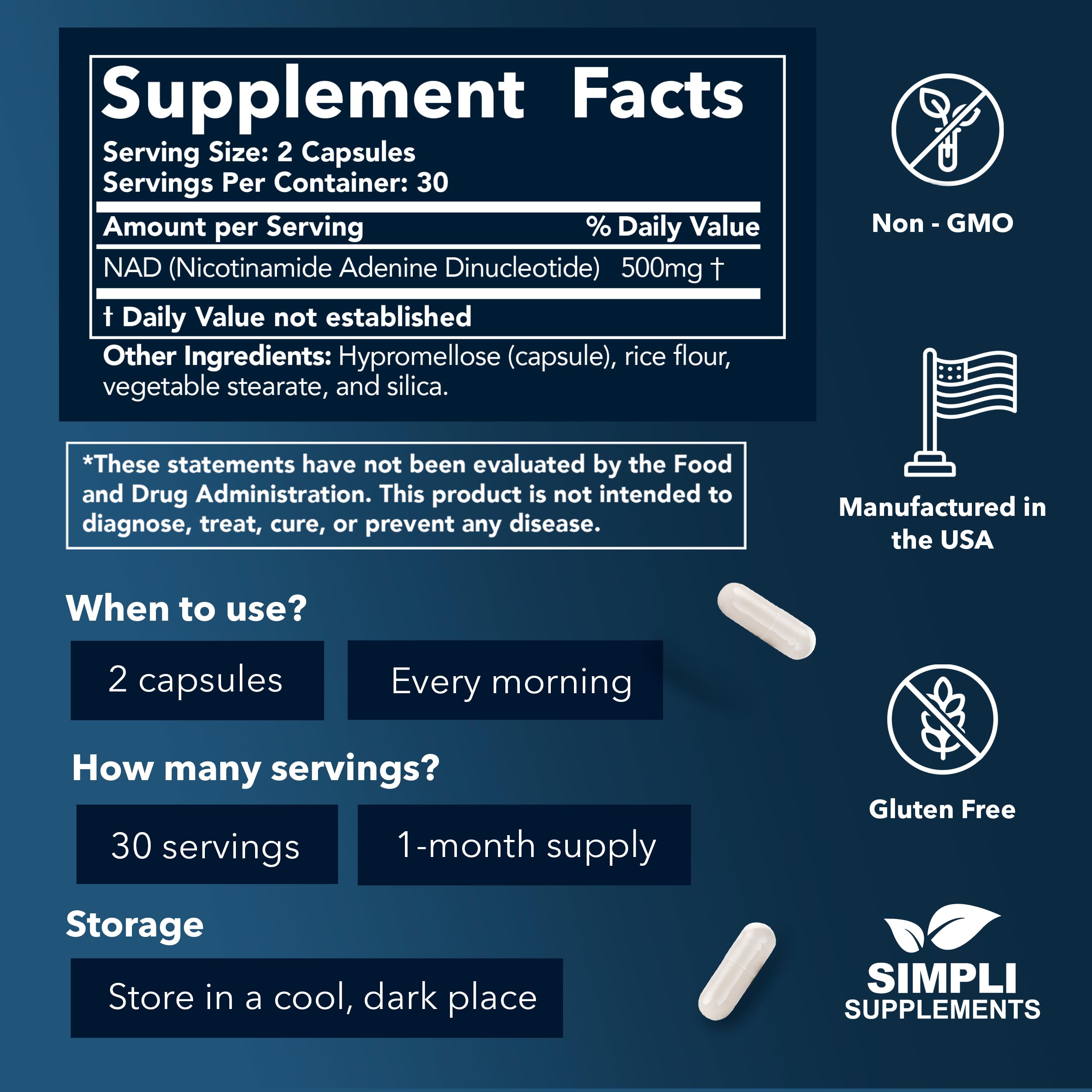 NAD Supplement for Anti-Aging and Cell Regeneration | NAD Booster 500mg Per Serving | NMN Supplement Alternative | Similar to Nicotinamide Riboside | 60 Capsules (30 Day Supply) Simpli SupplementsAu supplements