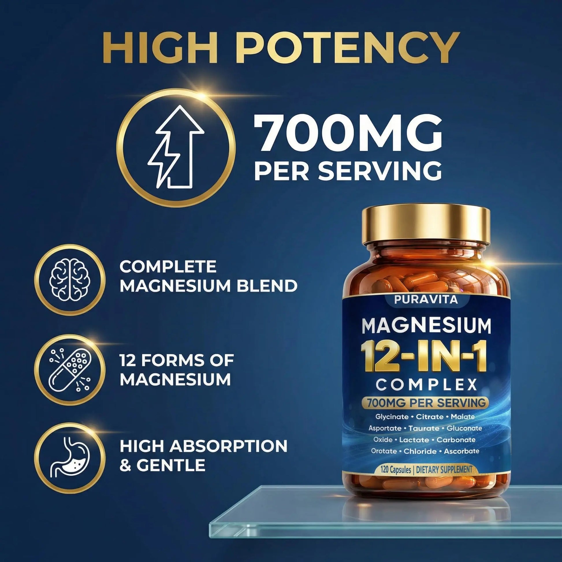 Puravita 12 in 1 Magnesium Complex Capsules - 700mg High Absorption Blend with Glycinate, Citrate, Malate, Oxide & Taurate. Supports Muscle Function, Nerve Health & Relaxation - 120 Capsules (1) PURAVITAnz supplements