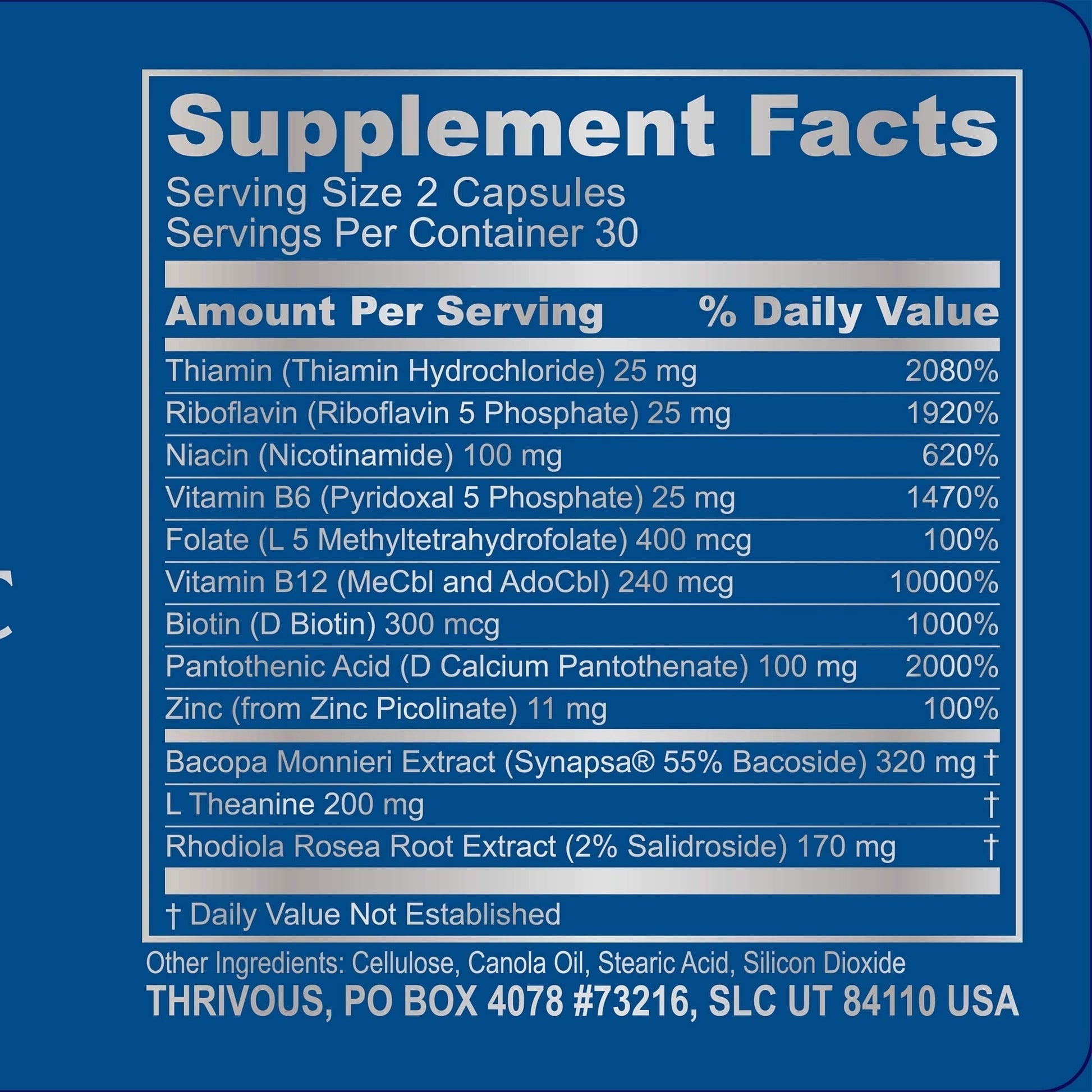 Thrivous Clarity Daily Nootropic – Cognitive Support & Mood Formula with Bacopa (Synapsa®), L-Theanine, Rhodiola Rosea, Vitamin B Complex & Zinc Picolinate – 60 Vegan Capsules ThrivousAu supplements