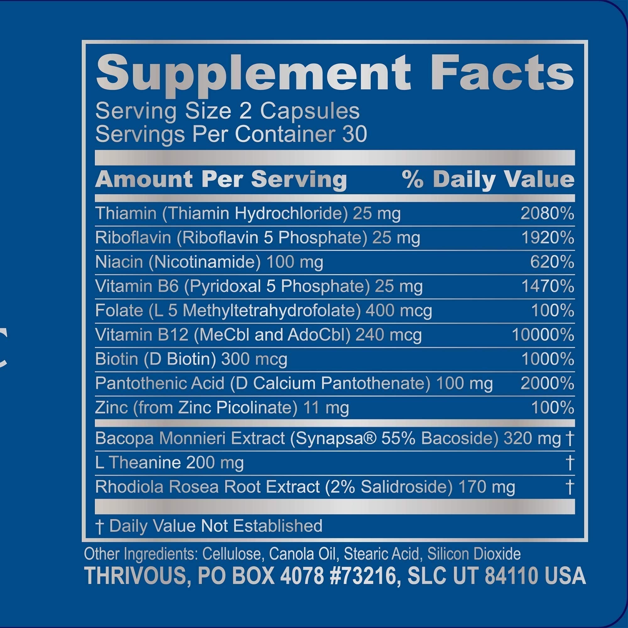 Thrivous Clarity Daily Nootropic – Cognitive Support & Mood Formula with Bacopa (Synapsa®), L-Theanine, Rhodiola Rosea, Vitamin B Complex & Zinc Picolinate – 60 Vegan Capsules ThrivousAu supplements
