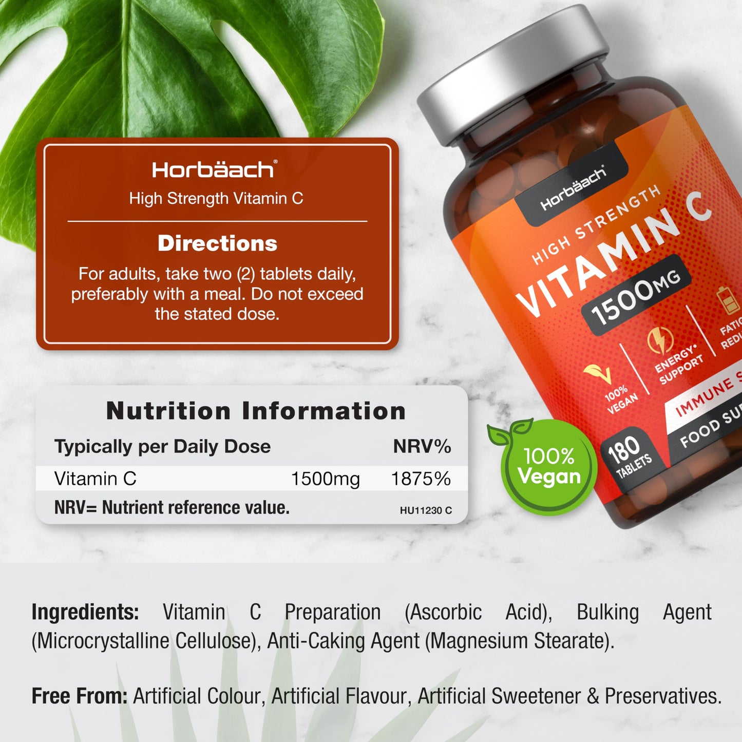 Vitamin C Tablets 1500mg | 180 Count | High Strength Vegan Supplement | No Artificial HorbäachUS supplements