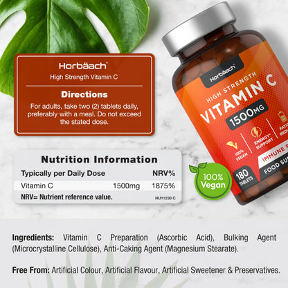 Vitamin C Tablets 1500mg | 180 Count | High Strength Vegan Supplement | No Artificial HorbäachUS supplements