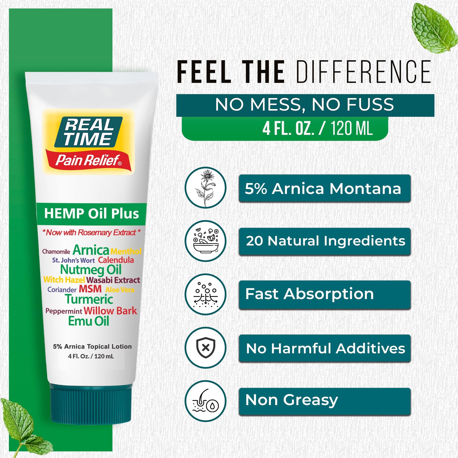 Real Time Pain Relief Hemp Oil Plus 4oz Tube | 20 Natural Ingredients: 5% Arnica & Turmeric | Fast Absorbing Lotion for Muscles, Hands, Feet, Ankles, Back, Shoulders, Knees & Joints Discomfort Real Time Pain ReliefAu supplements
