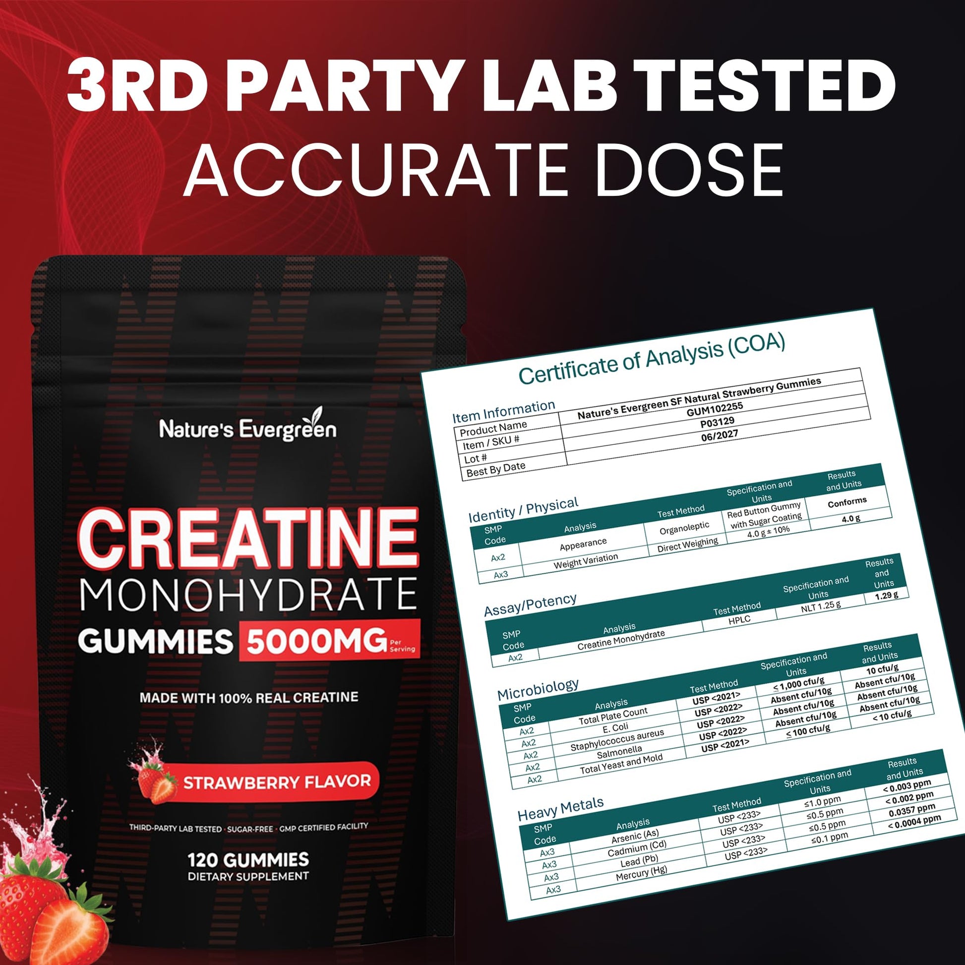 Creatine Monohydrate 5000mg Gummies, Pre-Workout 5g Creatine Gummy Supplement for Men & Women: Muscle Builder & Energy Boost, Sugar Free, Vegan, Strawberry Flavor, (120 Count) Made in USA Nature's EvergreenAu supplements