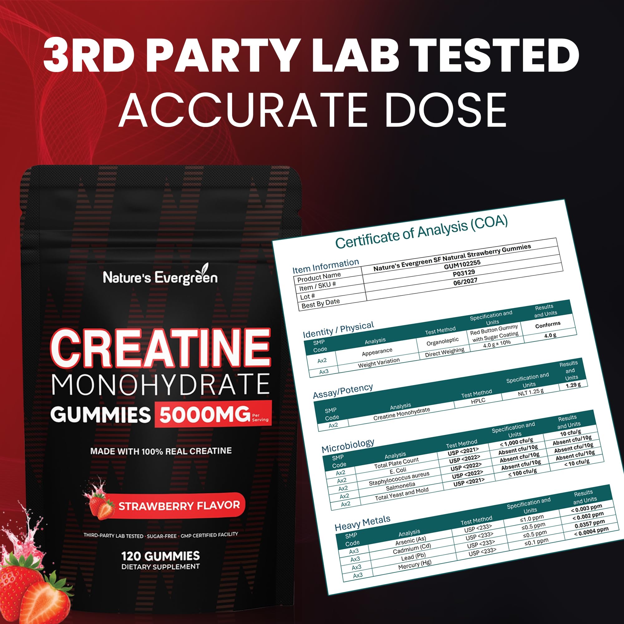 Creatine Monohydrate 5000mg Gummies, Pre-Workout 5g Creatine Gummy Supplement for Men & Women: Muscle Builder & Energy Boost, Sugar Free, Vegan, Strawberry Flavor, (120 Count) Made in USA Nature's EvergreenAu supplements
