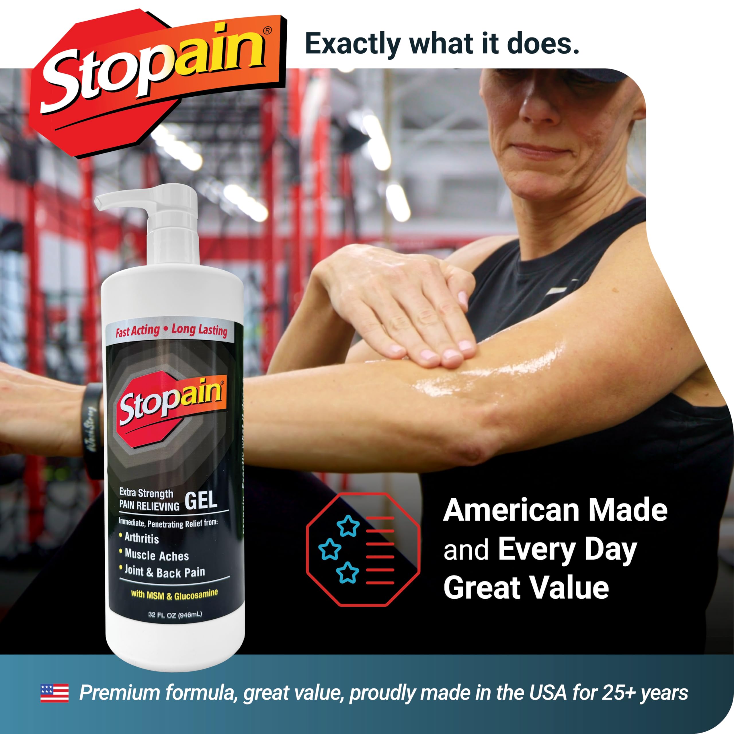 Stopain Pain Relief Gel 32oz, USA Made, Max Strength Fast Acting with Menthol, MSM, Glucosamine for Joint Pain, Back Pain, Arthritis, Knee, Neck Pain, HSA FSA Approved OTC Topical Analgesic Product StopainAu supplements