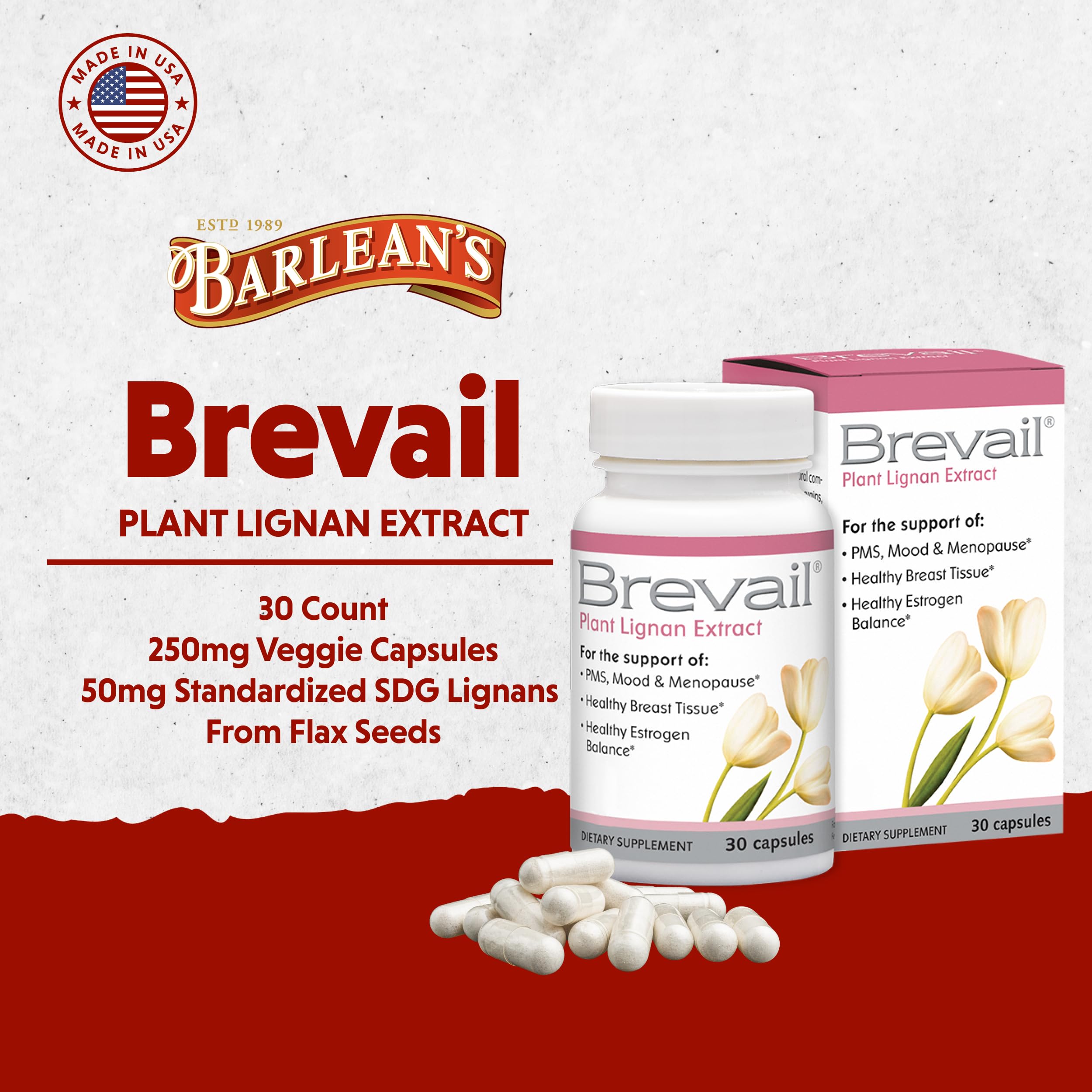 Brevail Plant Lignan Extract Capsules, Proactive Breast Health Supplement with 50 mg SDG Lignans from Flax Seed Hulls for Healthy Estrogen Balance and PMS Mood Support Pills, 30 Count Barlean'sAu supplements