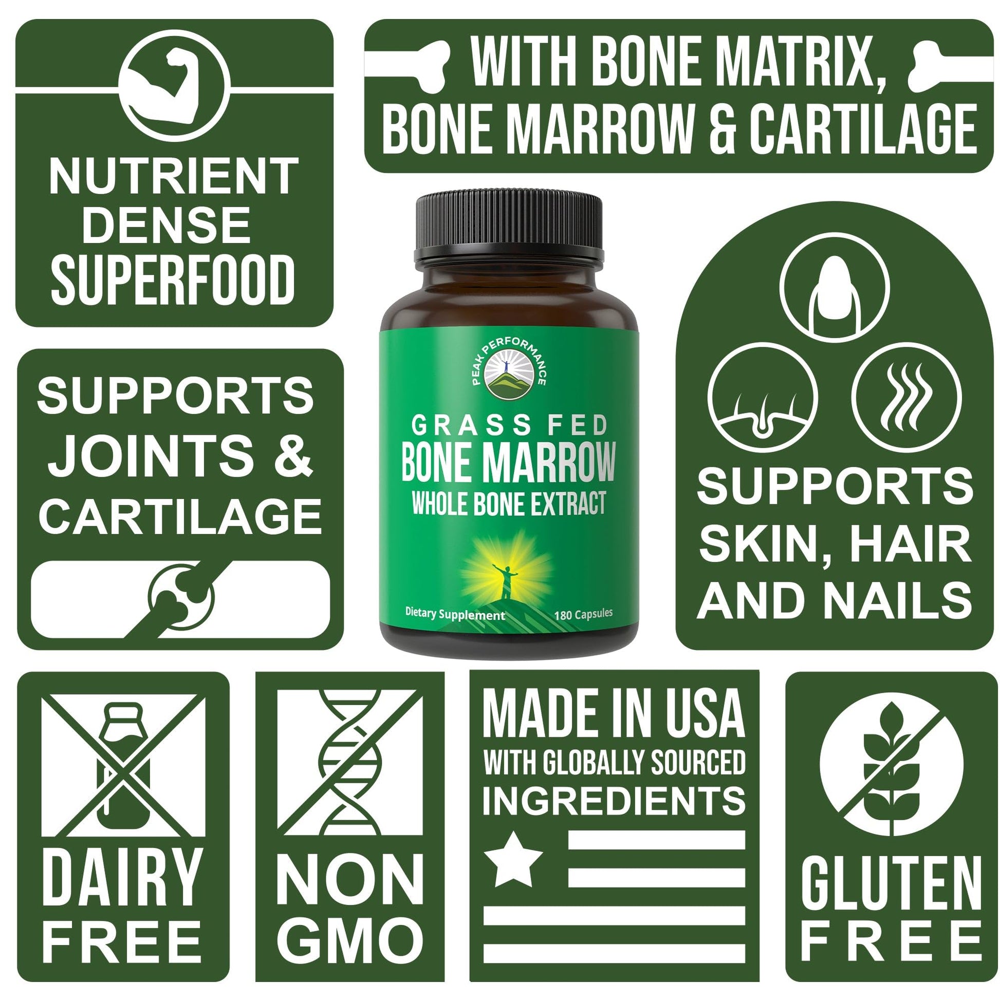 Peak Performance Grass Fed Bone Marrow - Whole Bone Extract Supplement 180 Capsules. Superfood Pills Rich in Collagen, Vitamins, and Amino Acids. from Matrix, Marrow, Cartilage. Ancestral Tablets Peak PerformanceAu supplements