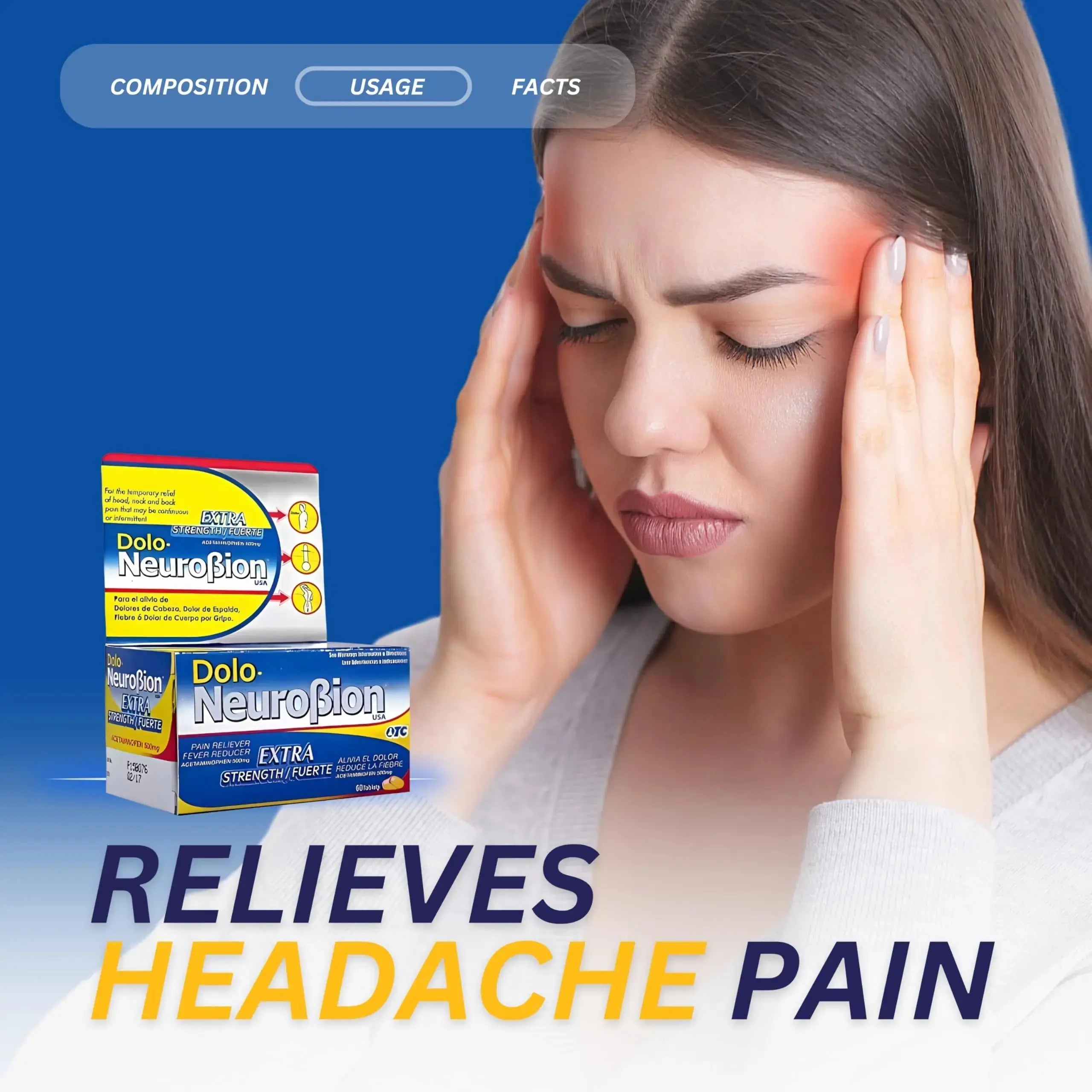 Dolo Neurobion Pain Reliever, Fever Reducer, Extra Strength. Alivia el Dolor,Reduce la Fiebre, Extra Fuerte. 60 Tablets. Acetaminophen 500 mg NeurobionAu supplements