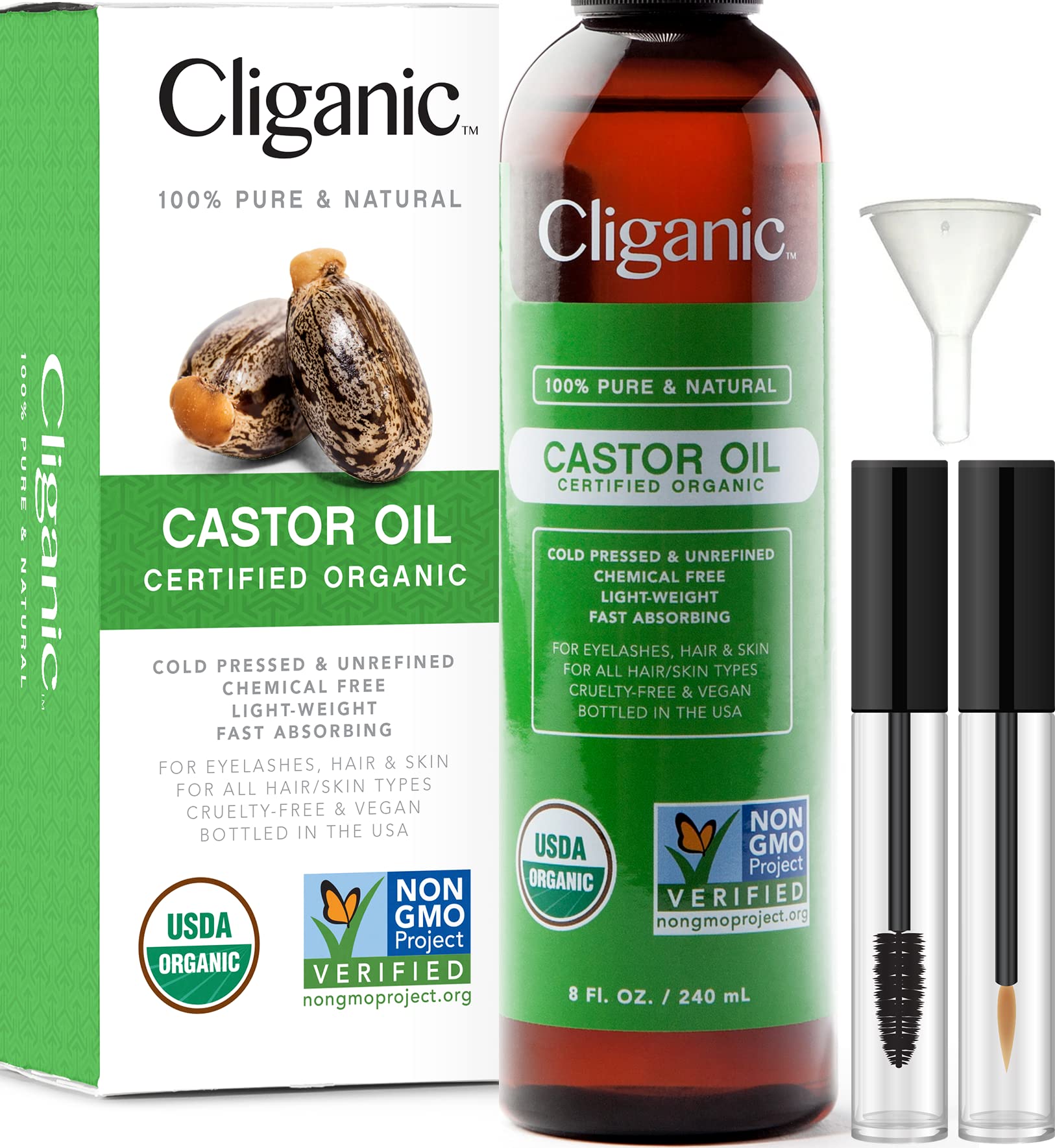 Cliganic USDA Organic Castor Oil, 100% Pure (8oz with Eyelash Kit) - For Eyelashes, Eyebrows, Hair & Skin CliganicAu supplements