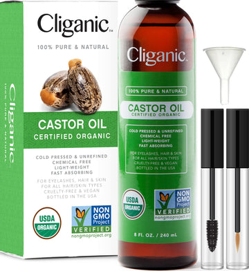 Cliganic USDA Organic Castor Oil, 100% Pure (8oz with Eyelash Kit) - For Eyelashes, Eyebrows, Hair & Skin CliganicAu supplements