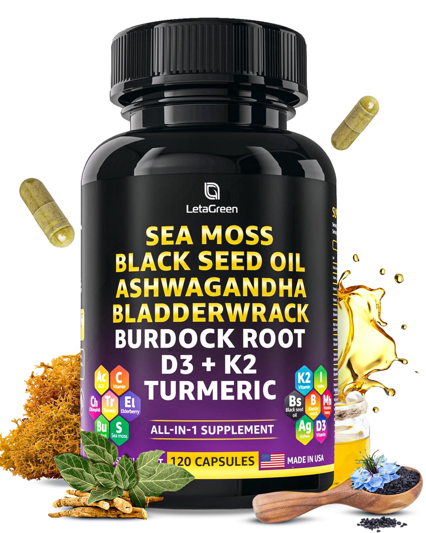 LetaGreen Ocean Wild Sea Moss Capsules - 120 Black Seed Oil Sea Moss Pills LetaGreenUS supplements