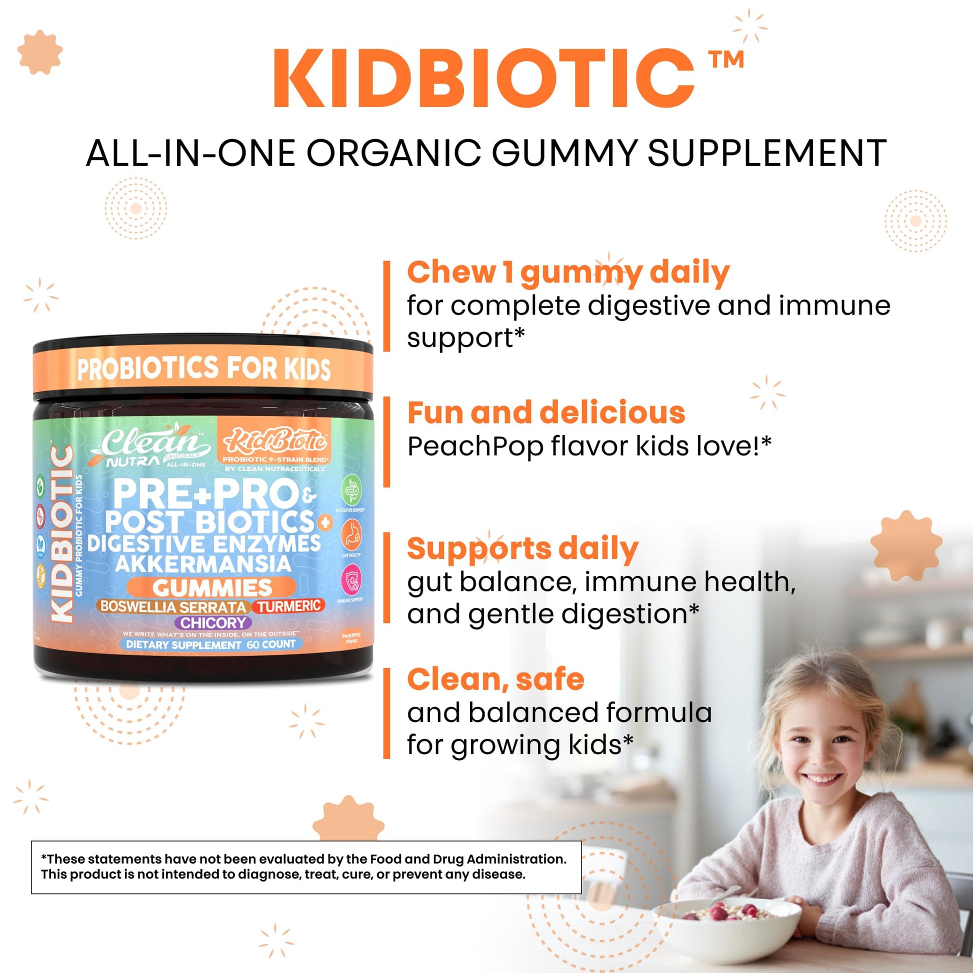 Clean Nutra Kids Probiotics Gummies with Prebiotics, Postbiotics, Digestive Enzymes, Akkermansia, Boswellia Serrata, Turmeric, Chicory – 60 Count – Plant-Based Supplement for Kids – PeachPop Flavor Clean NutraceuticalsAu supplements