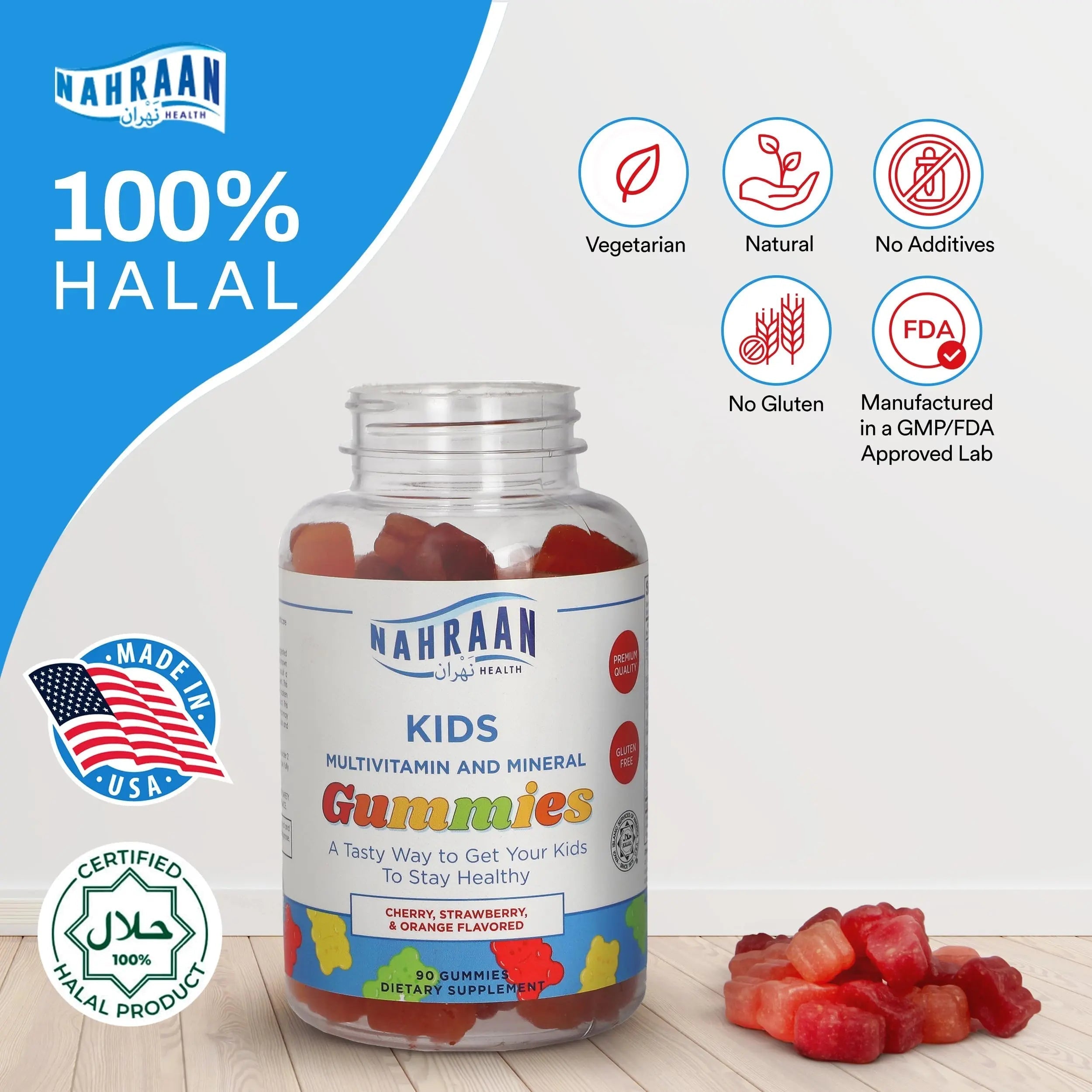 NAHRAAN HEALTH Halal Vitamins for Kids - Halal Multivitamins for Kids Vitamin A, C, D, E, B6, B12 - Non-GMO Vegetarian, Halal Gummies - 90 Count NAHRAAN HEALTHAu supplements