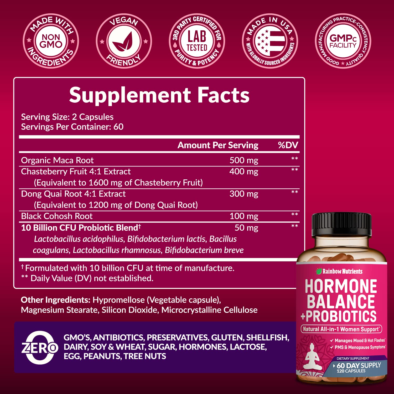 Hormone Balance + Probiotics for Women- Natural Menopause Relief, Weight Management, Bloating, Hot Flashes, PMS | Organic Maca, Chasteberry, Dong Quai & Black Cohosh | Non GMO |120 V Capsules Rainbow Nutrients, LLCAu supplements