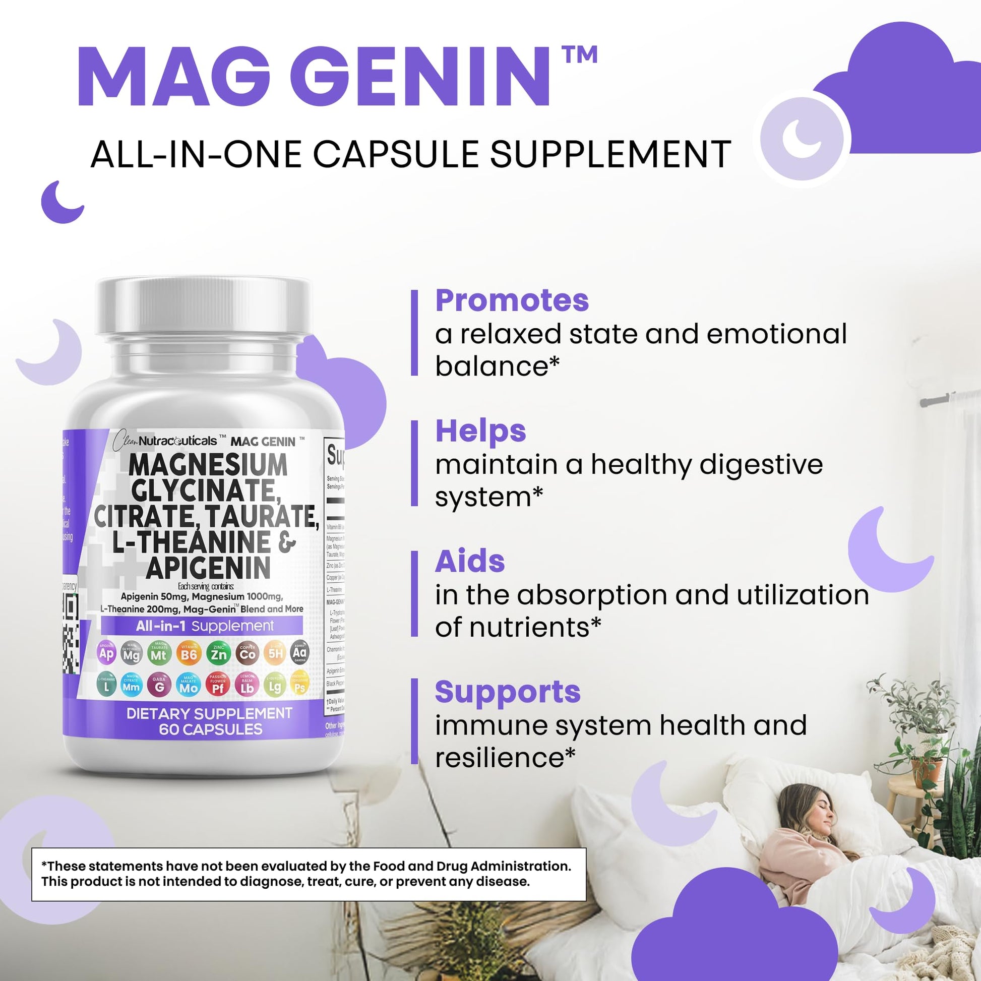 Clean Nutraceuticals Magnesium Glycinate Complex 1000mg with L-Theanine 200mg Apigenin 50mg Citrate Taurate Supplement - 5-HTP GABA Passion Flower Lemon Balm L-Glycine Phosphatidylserine - 60 Count Clean NutraceuticalsAu supplements