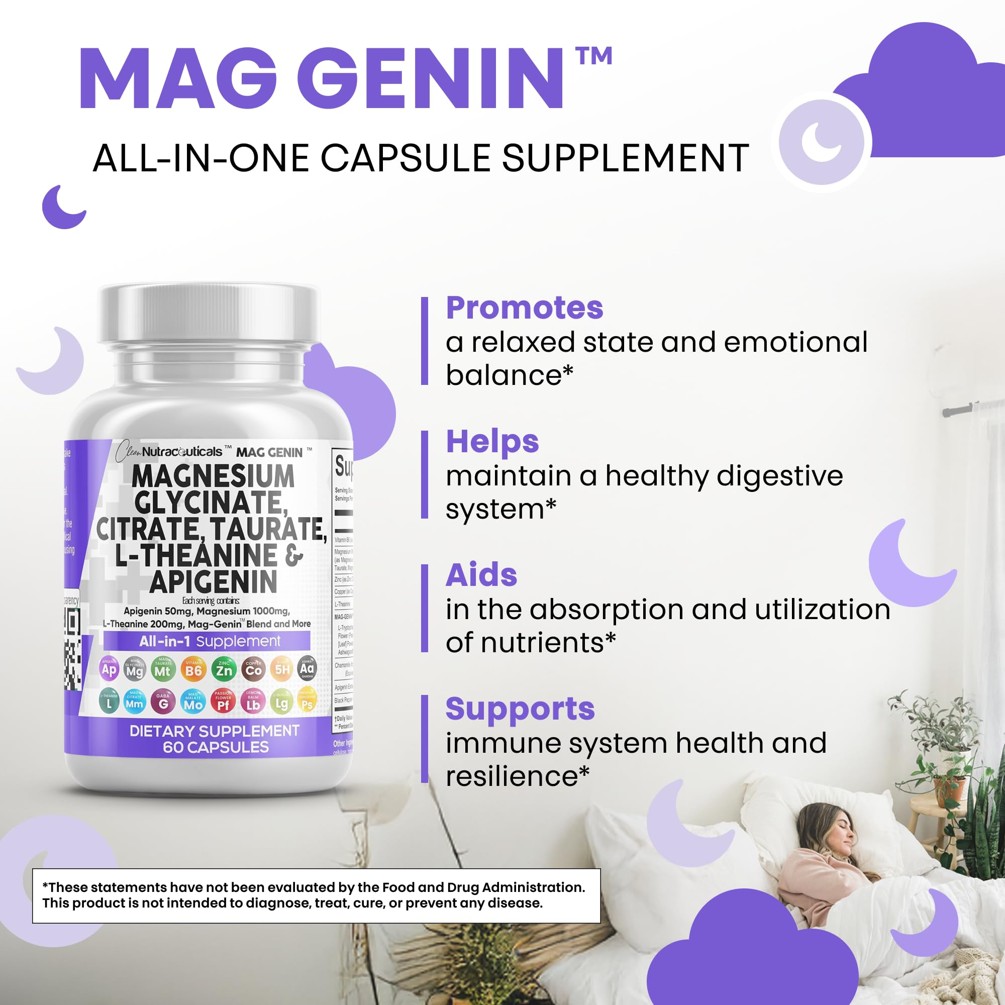 Clean Nutraceuticals Magnesium Glycinate Complex 1000mg with L-Theanine 200mg Apigenin 50mg Citrate Taurate Supplement - 5-HTP GABA Passion Flower Lemon Balm L-Glycine Phosphatidylserine - 60 Count Clean NutraceuticalsAu supplements