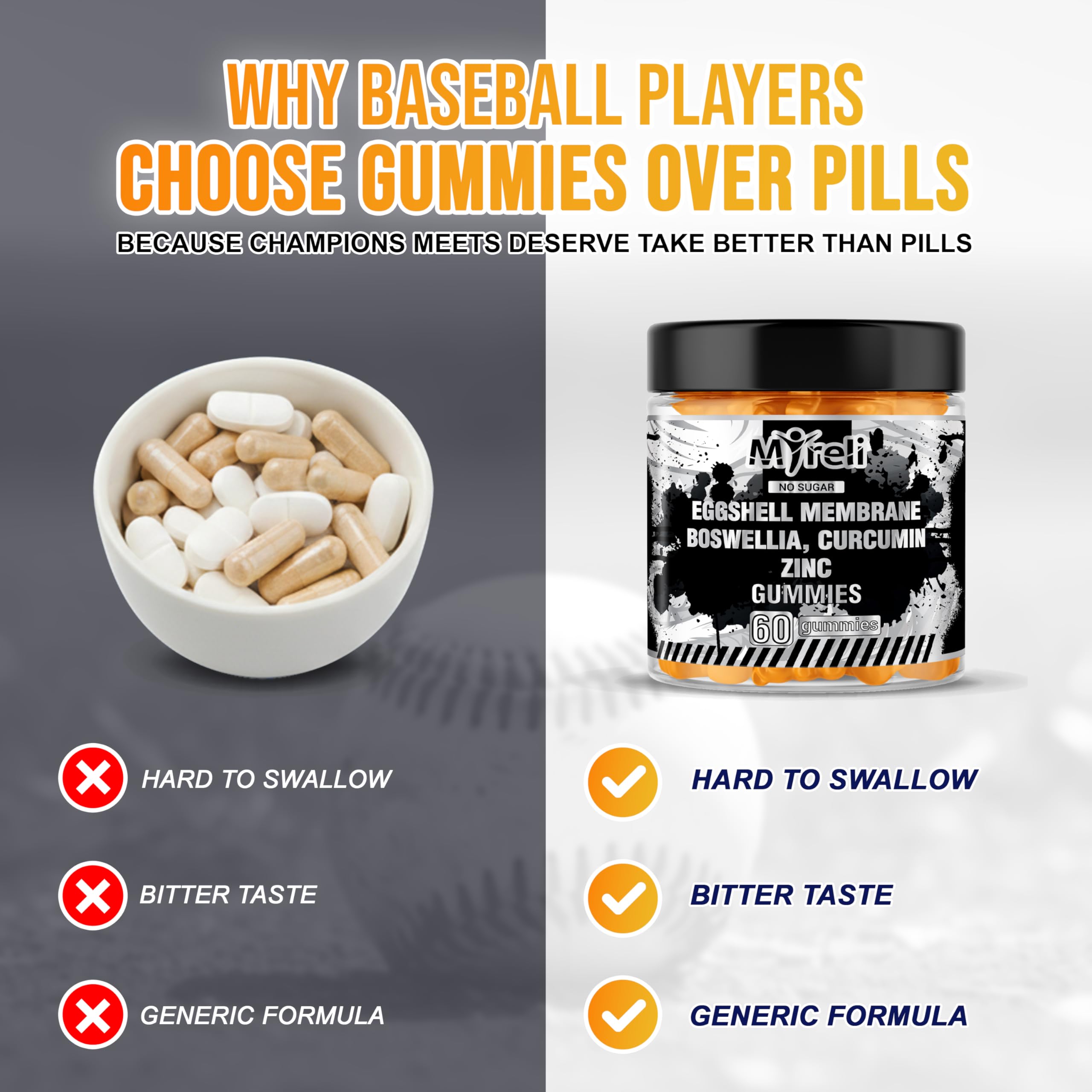MYRELI Eggshell Membrane 400mg, Boswellia 300mg, Curcumin 250mg & Zinc 20mg Gummies - Baseball Athlete Joint Support, Flexibility, Recovery, Antioxidant, Energy, Endurance - Vegan, Non-GMO, 60 Gummies MYRELIAu supplements