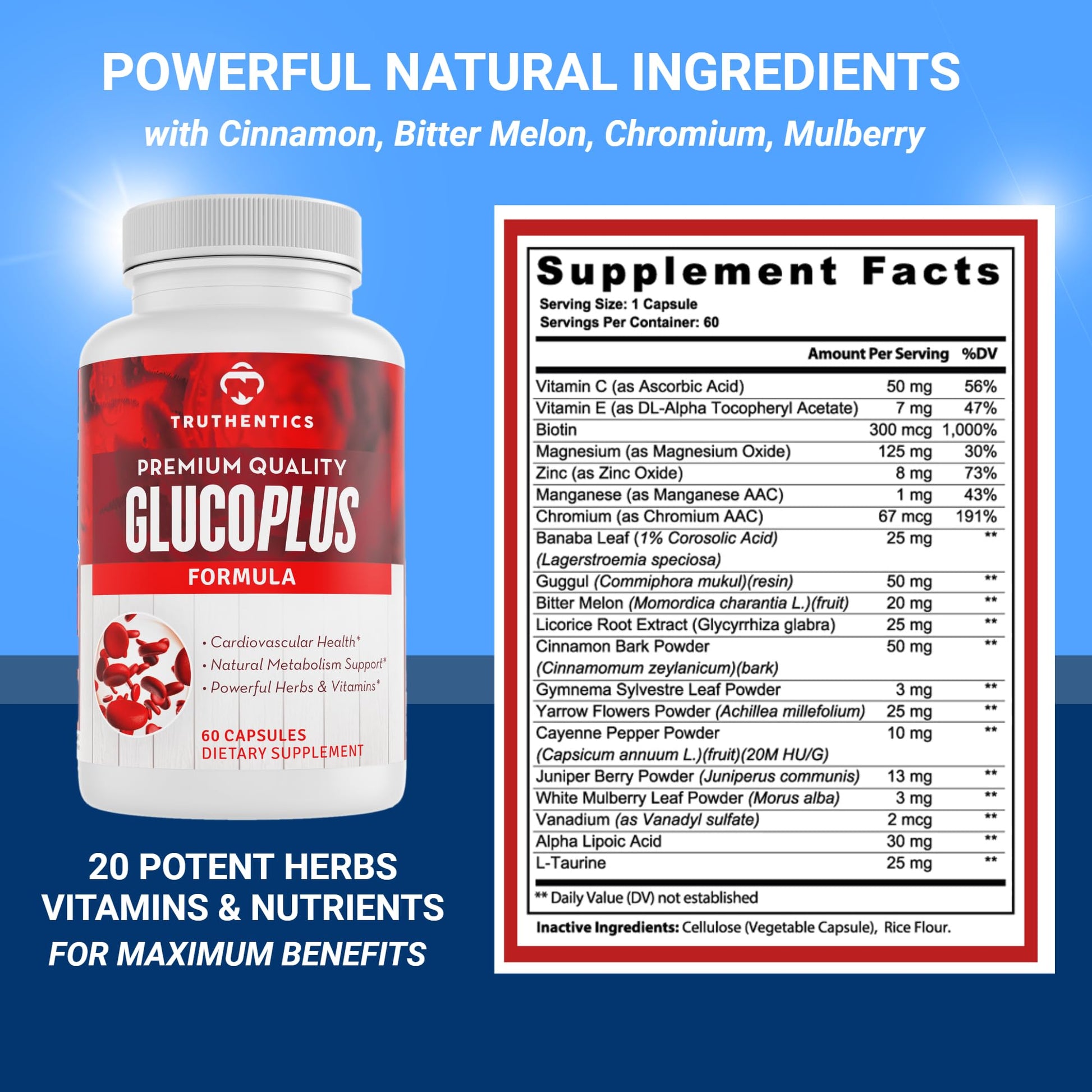 TRUTHENTICS GlucoPlus - 20 Herbs, Vitamins & Minerals with Cinnamon, Chromium, Vanadium, Bitter Melon, Alpha Lipoic Acid, Magnesium - Gluten Free, Non-GMO - 60 Capsules TRUTHENTICSAu supplements