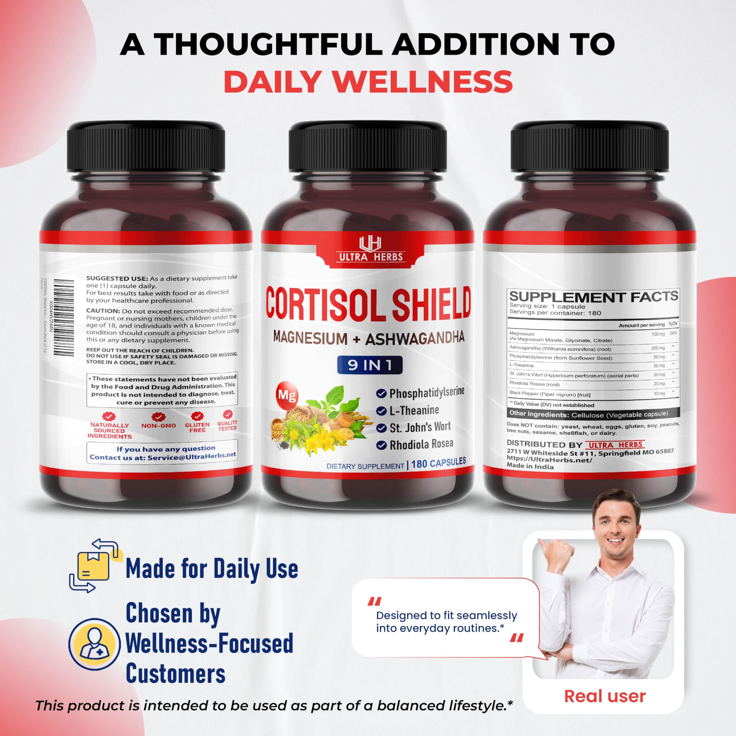 CORTISOL Shield 9-in-1 -Magnesium + Ashwagandha with Phosphatidylserine, L-Theanine, St. John's Wort, Rhodiola Rosea - Relaxation Support, Hormone Balance (180 Count (Pack of 1)) ULTRA HERBSAu supplements