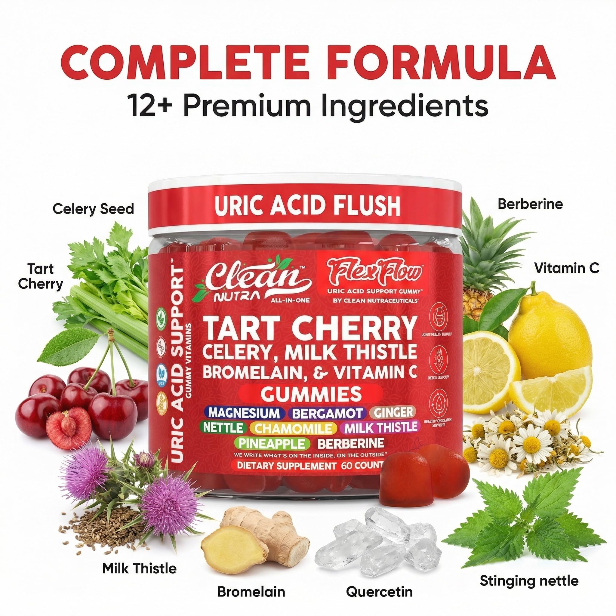 Clean Nutra Tart Cherry Gummies Uric Acid Flush Celery Milk Thistle Bromelain Vitamin C Magnesium Citrus Bergamot Ginger Stinging Nettle Leaf Chamomile Berberine Quercetin Support 60 Gummy Vitamins Clean NutraceuticalsAu supplements