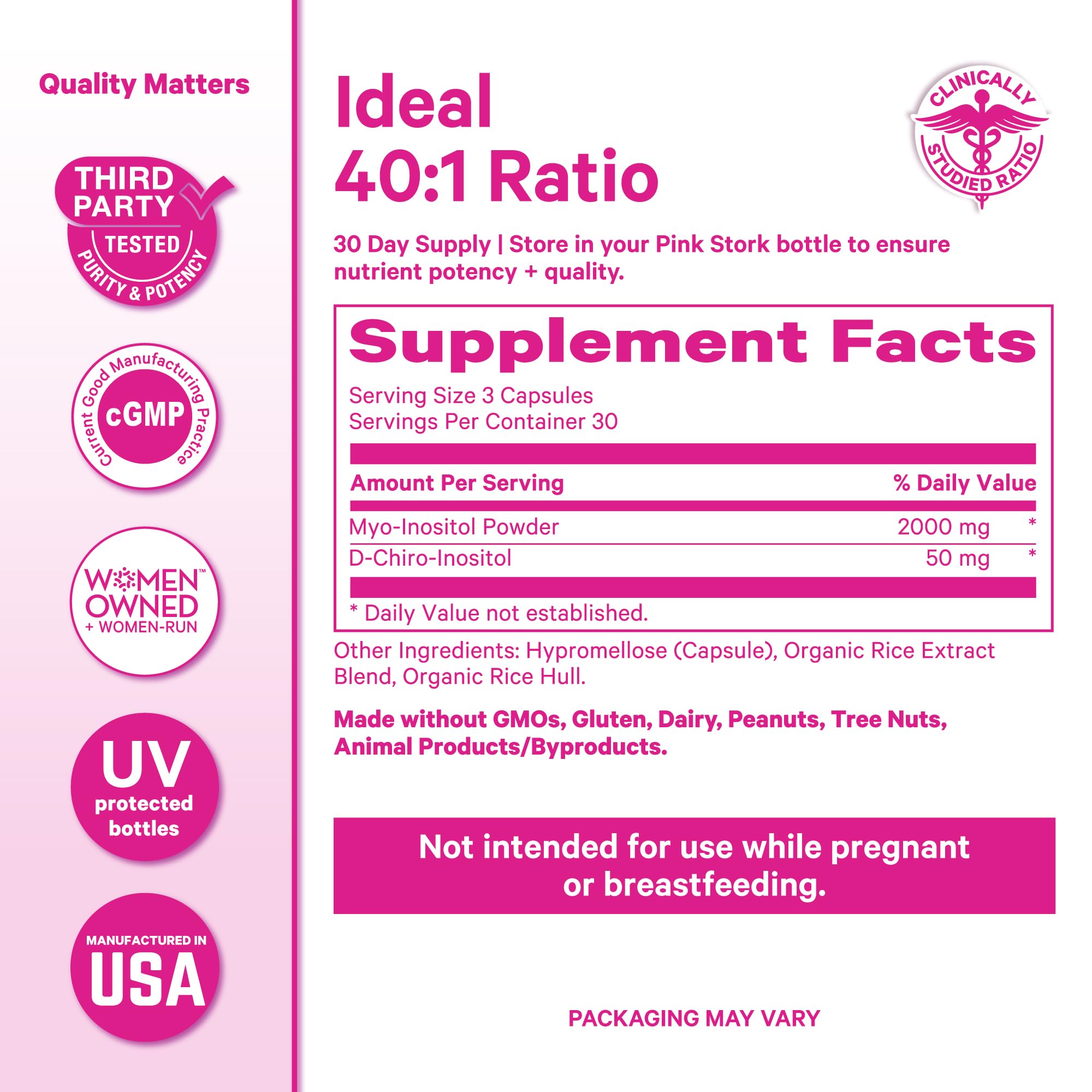 Pink Stork Myo-Inositol & D-Chiro Inositol Supplement - Hormonal Balance for Women - Ovarian Support - 40:1 Ratio - Fertility Supplements for Women - 180 Capsules, 2 Month Supply Pink StorkAu supplements