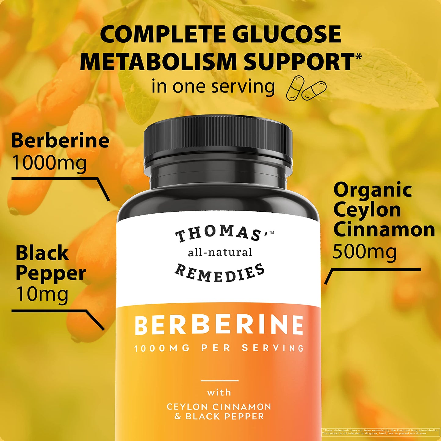 Thomas' all-natural Remedies Berberine 500mg (1000mg Per Serving)- 120 Vegan Capsules Thomas' all-natural RemediesUS supplements