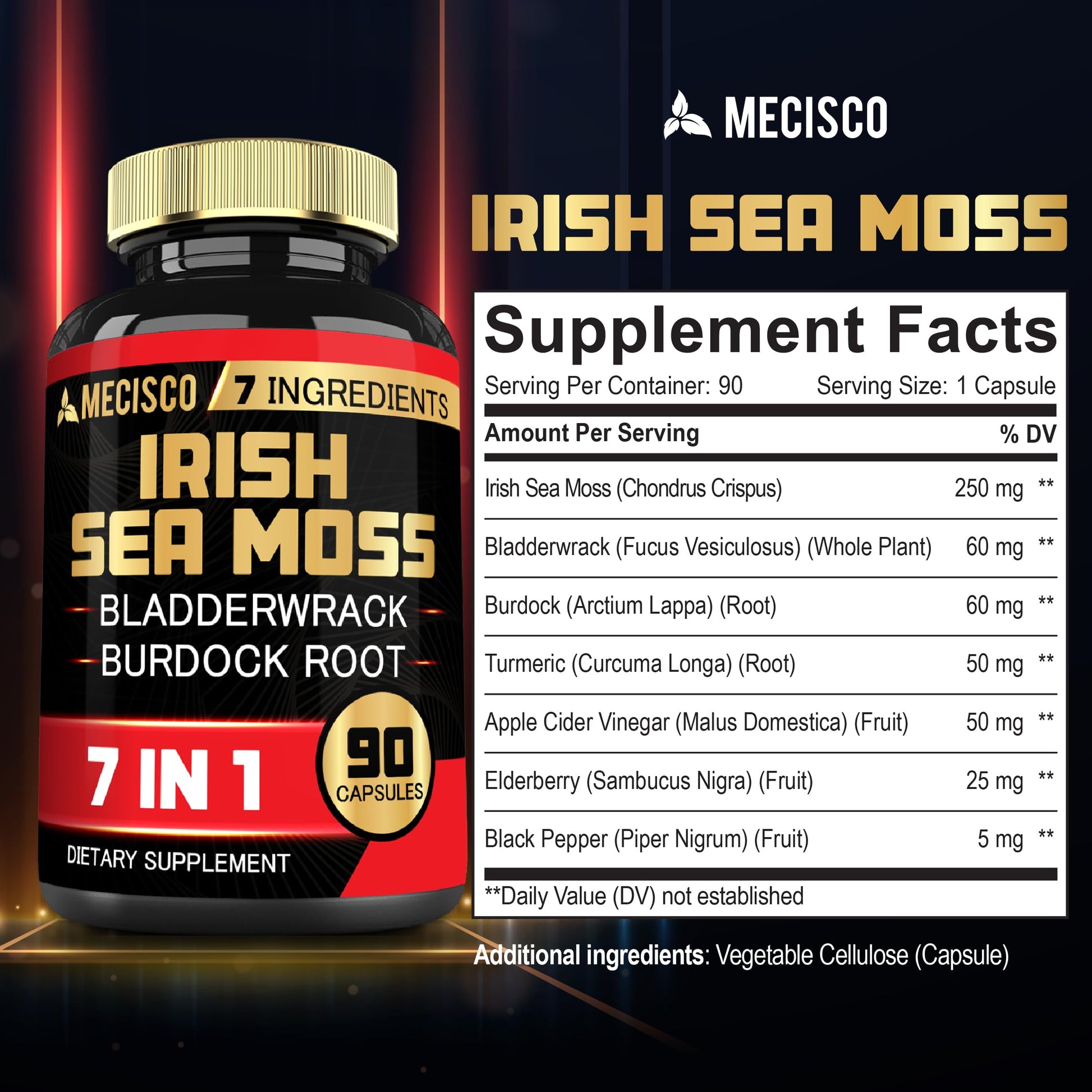 7in1 Irish Sea Moss Capsules 6750 Mg with Organic Bladderwrack & Burdock Root, Turmeric, Apple Cider Vinegar - Raw Seamos Pills for Hair, Skin, Thyroid Healths - 90 Caps for 3-Month Supply MeciscoAu supplements