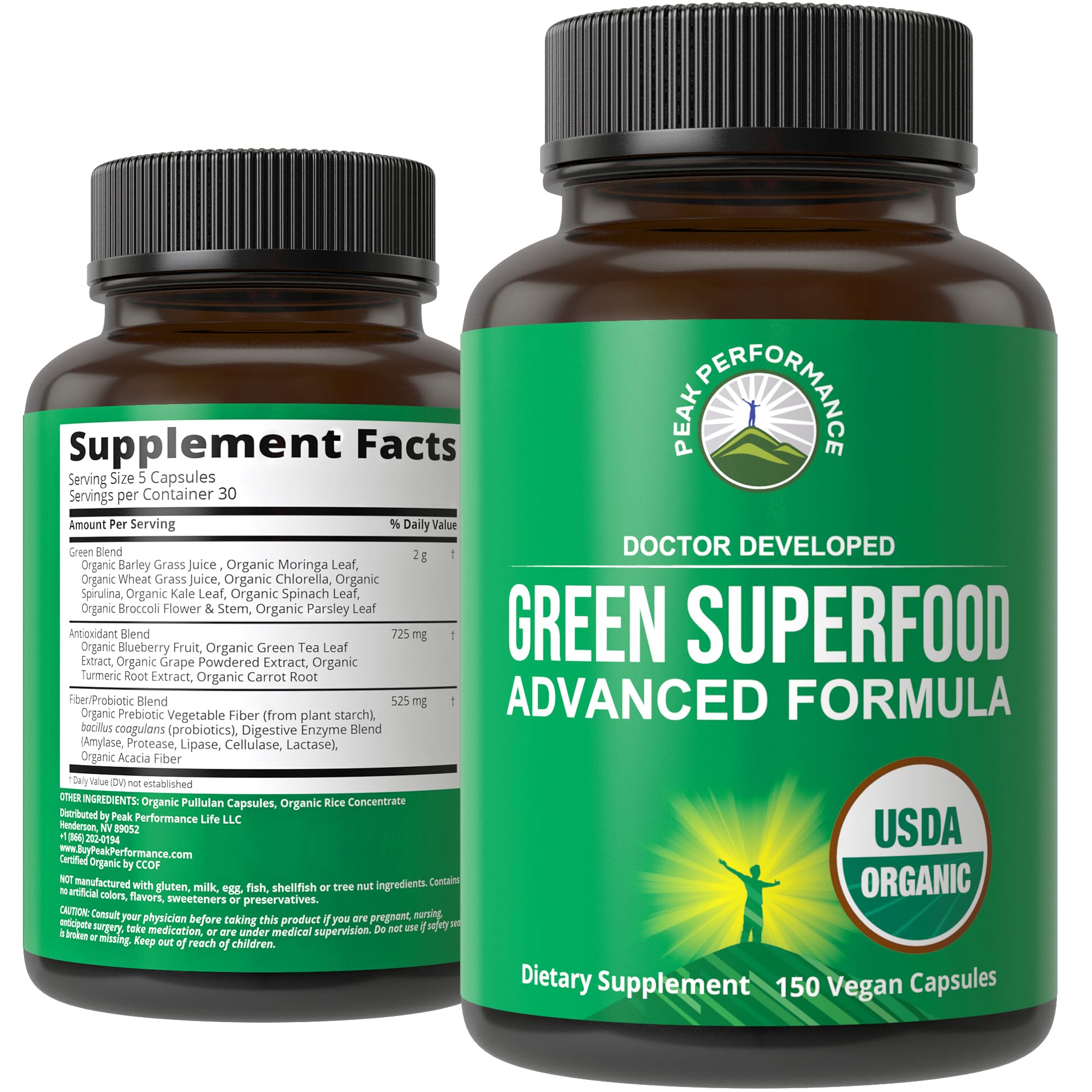 Organic Super Greens 150 Capsules - Green Juice Superfood Supplement with 25 All Natural Organic Ingredients. Max Energy and Detox Super Food Pills with Spirulina, Spinach, Kale, Turmeric, Probiotics Peak PerformanceAu supplements