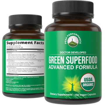 Organic Super Greens 150 Capsules - Green Juice Superfood Supplement with 25 All Natural Organic Ingredients. Max Energy and Detox Super Food Pills with Spirulina, Spinach, Kale, Turmeric, Probiotics Peak PerformanceAu supplements