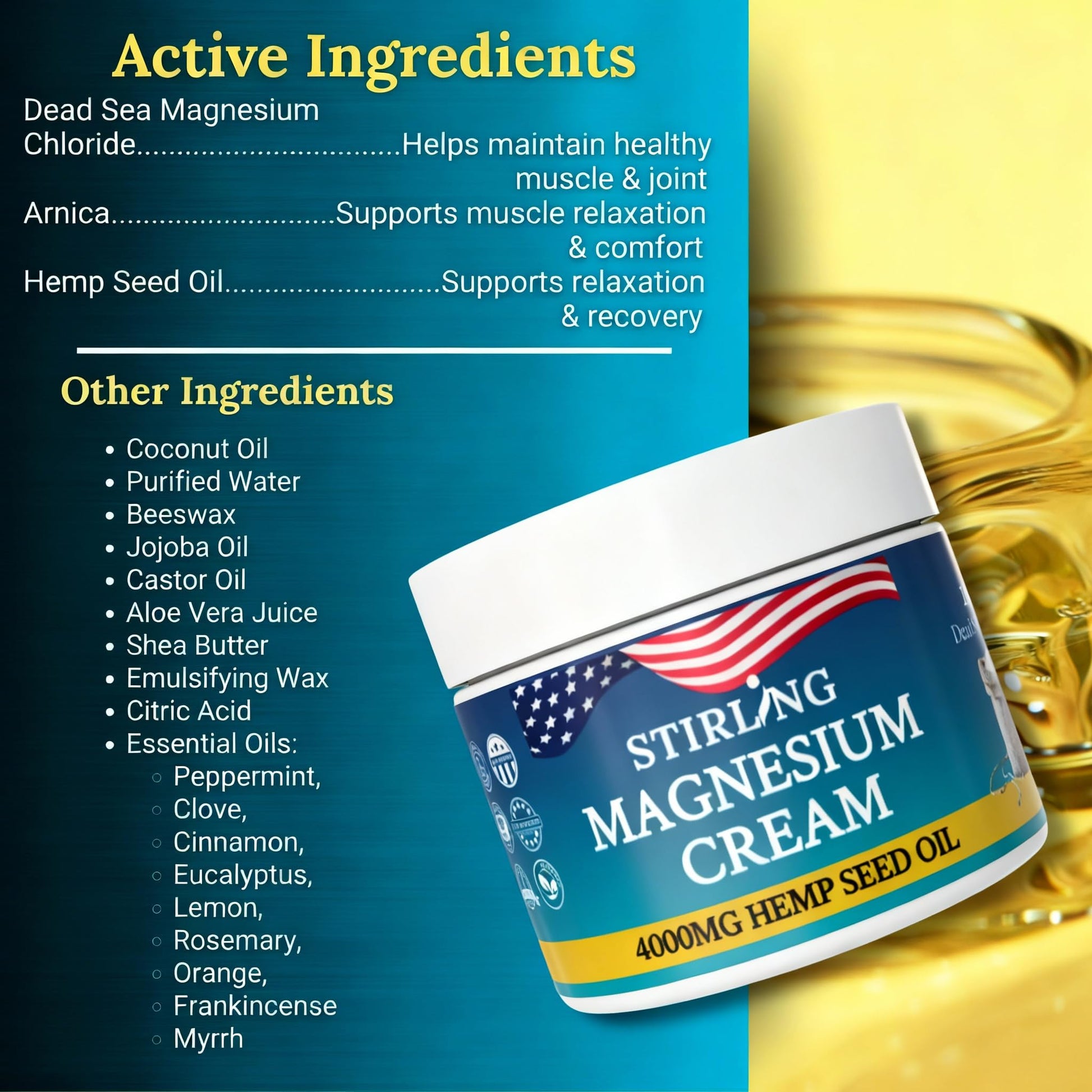 STIRLING Magnesium Cream - 4000mg Hemp Seed Oil + Magnesium & Arnica - Supports Joint Mobility, Muscle Comfort & Back Function - Made in USA with Premium Ingredients STIRLINGAu supplements