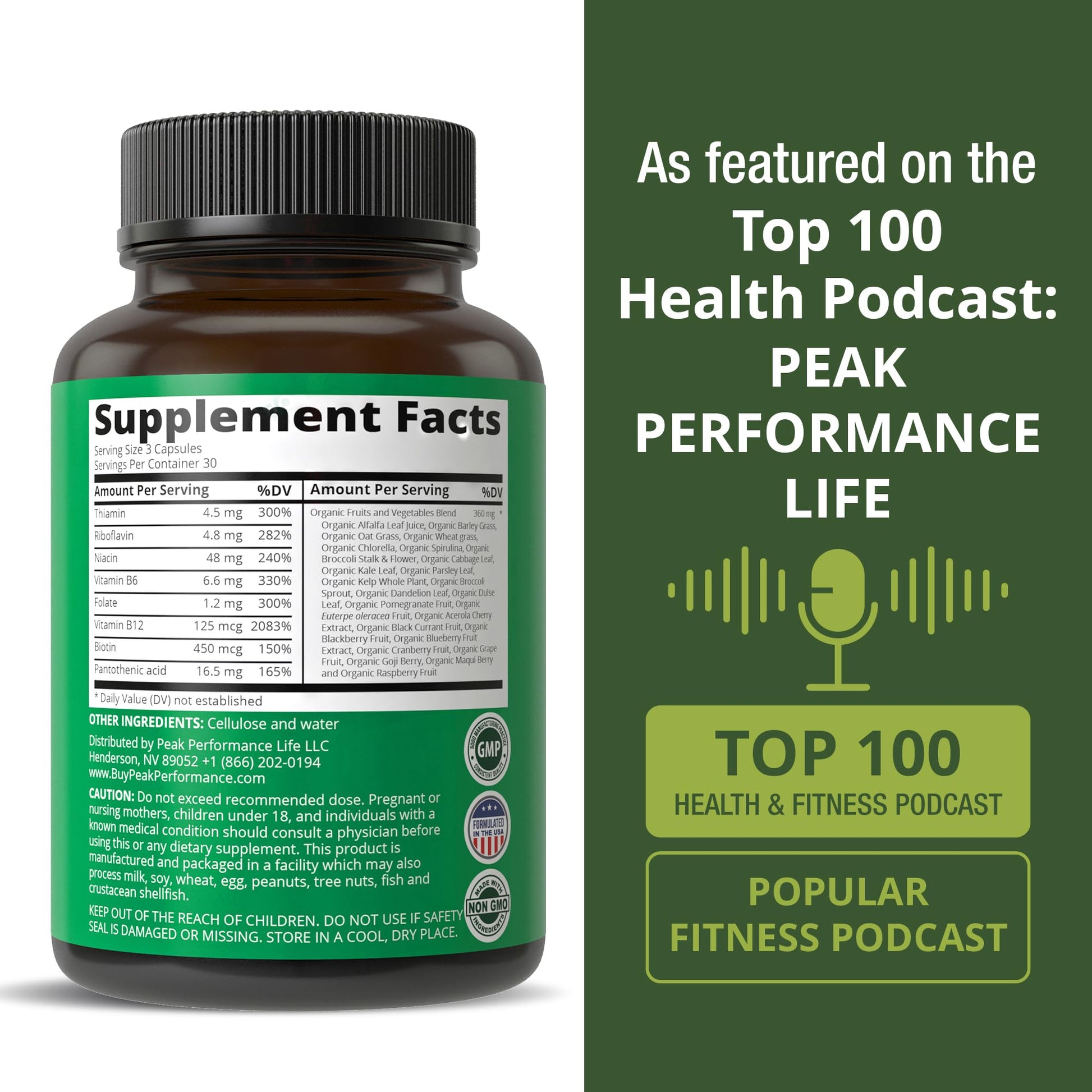 Vitamin B Complex Capsules + Whole Food Blend of 25 Vegetables and Fruits for Max Absorption. Best Vegan B-Complex Supplement with Vitamin B1, B2, B3, B5, B6, B7, B9 and B12. 90 Capsules. Energy Boost Peak PerformanceAu supplements