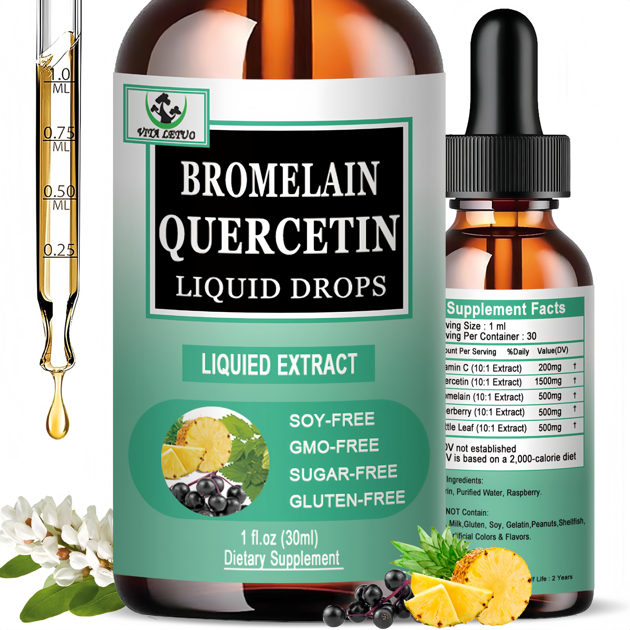 Quercetin Liquid Drops, Quercetin with Bromelain Elderberry Nettle Leaf Vitamin C Liquid Supplements, High Absorption Quercetin Liquid Drops for Women Men, Healthy Immune Antioxidant Support, Non-GMO Vita letuoAu supplements