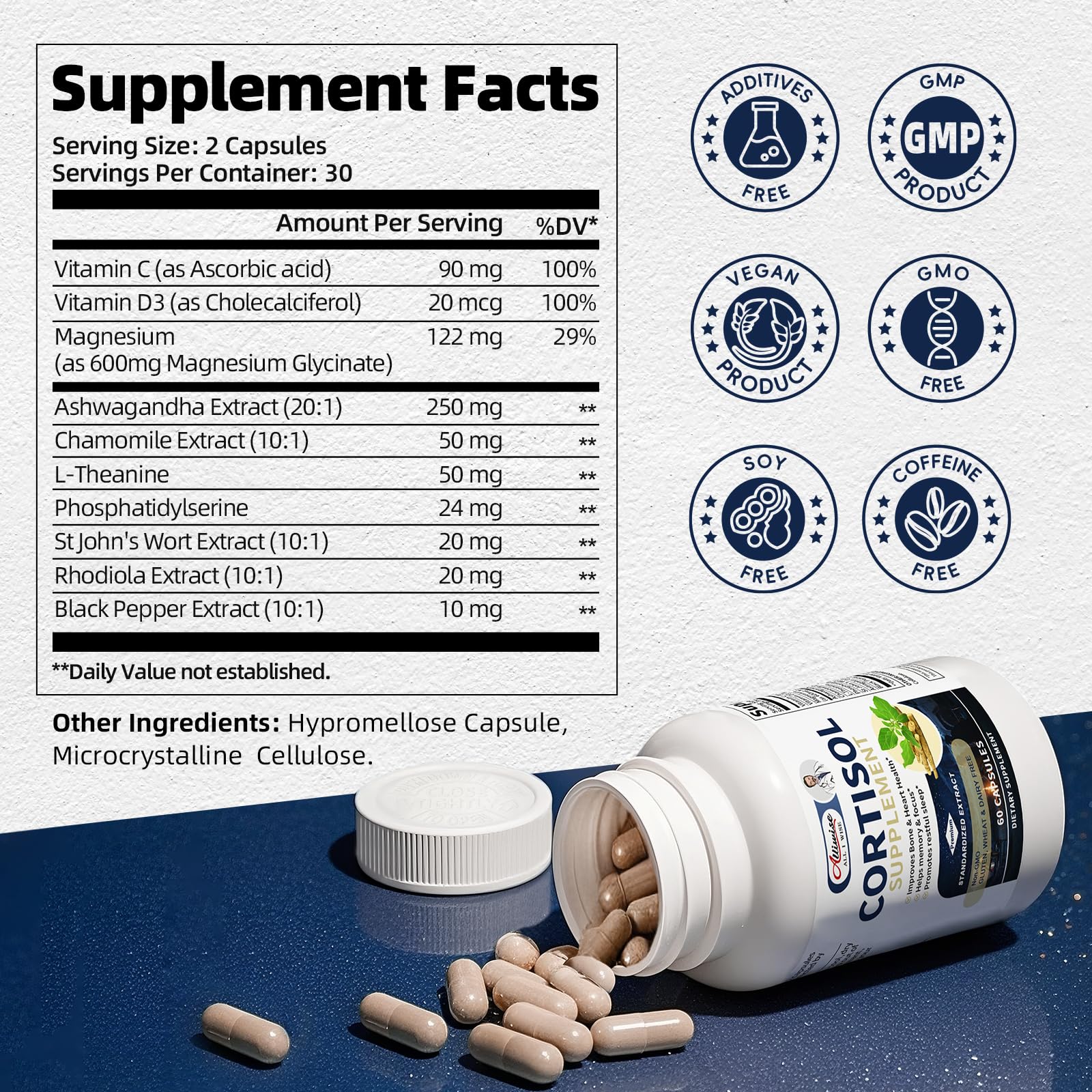 Cortisol Supplements for Women & Men,High Cortisol Reducer, Manager, Detox, Lower and Control,with Magnesium, Ashwagandha,Rhodiola, L-Theanine for Mood,Focus,Sleep AlliwiseAu supplements