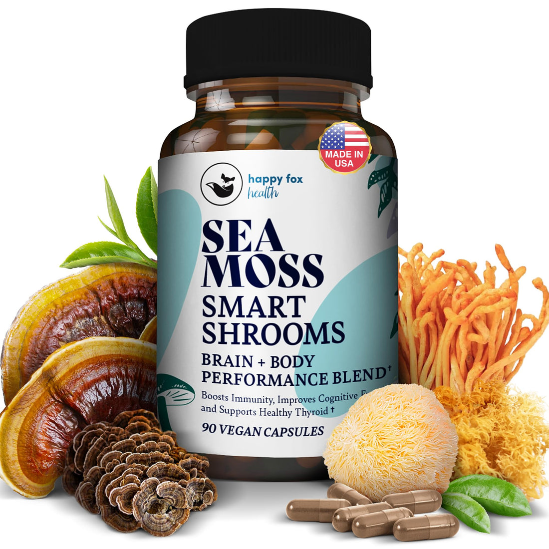 HAPPY FOX Irish Sea Moss Capsules & Mushroom Complex - Organic Seamoss with Adaptogens for Brain Health, 1500mg, 90 Vegan Capsules, Organic Mushroom Supplement HAPPY FOXAu supplements