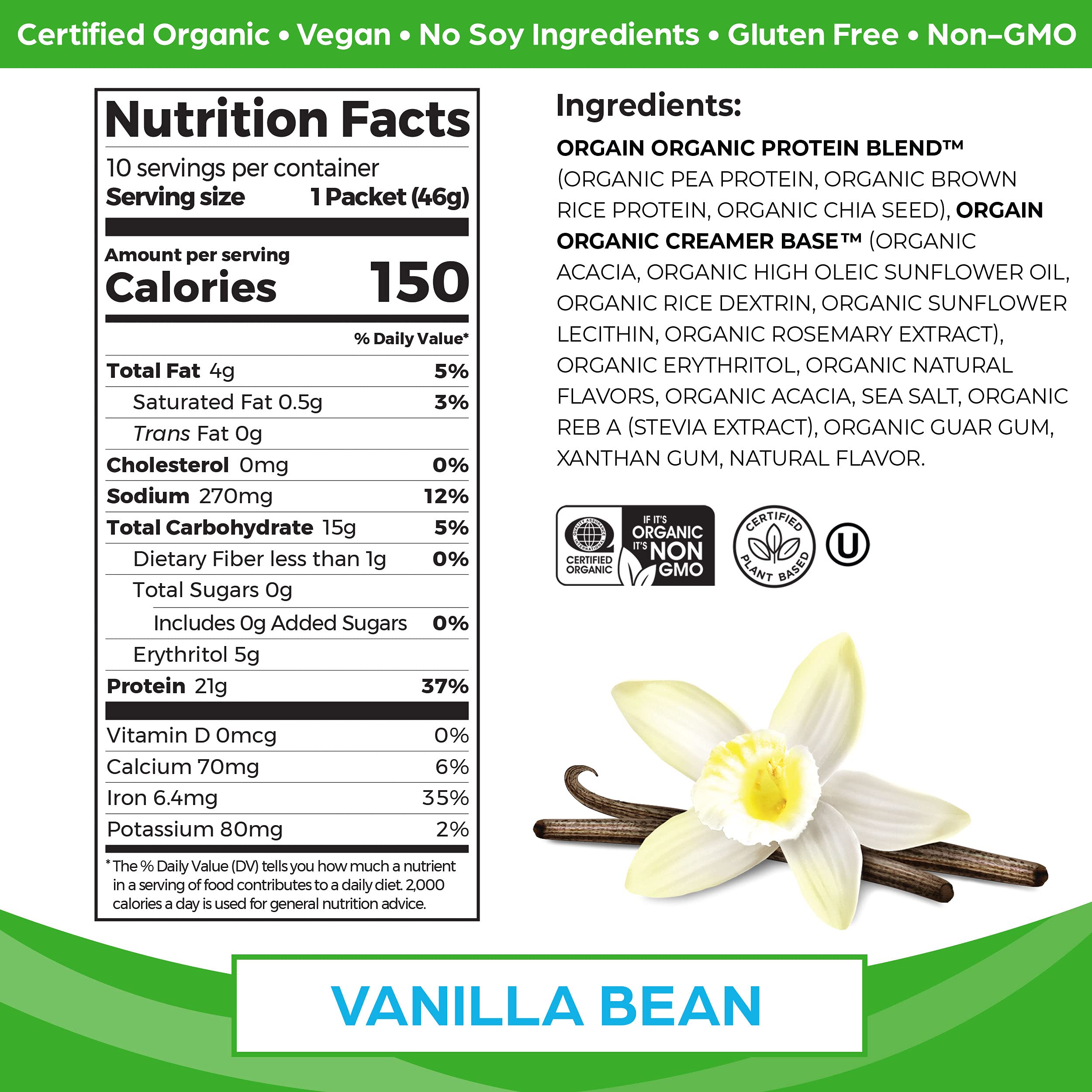 Orgain Organic Vegan Protein Powder, Vanilla Bean - 21g Plant Based Protein, Gluten Free OrgainUS supplements