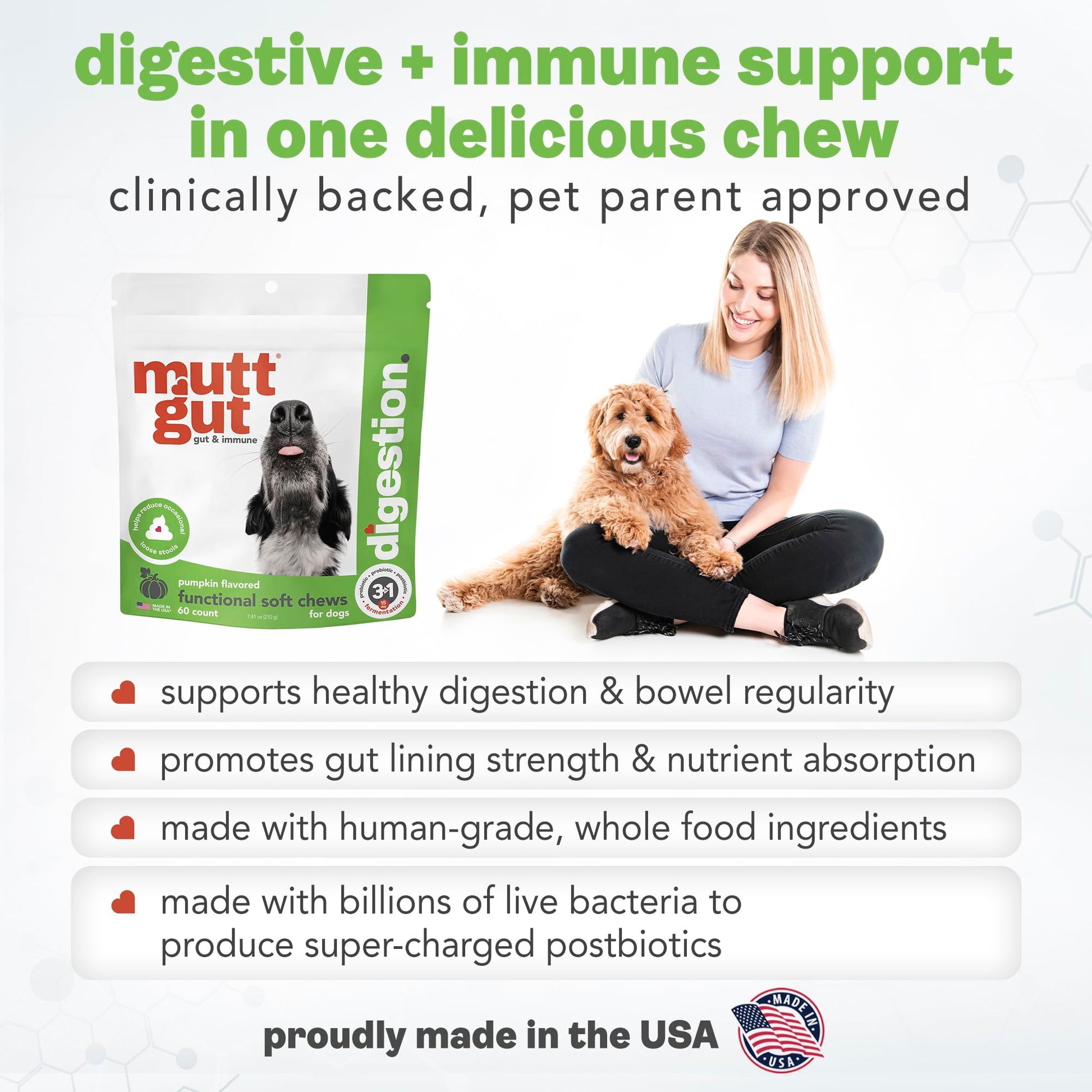 MuttGut® 3-in-1 Puppy & Dog Probiotics + Prebiotics + Postbiotics Chews - Promotes Digestive Health, Supports Immune System and Overall Health - Dog Diarrhea Relief & Immune Support - 60 Soft Chews MUTTGUTAu supplements