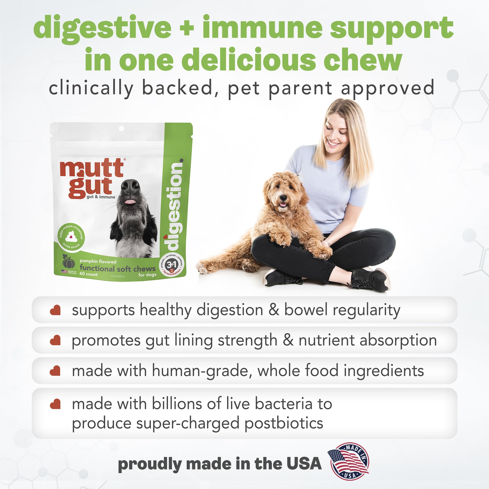 MuttGut® 3-in-1 Puppy & Dog Probiotics + Prebiotics + Postbiotics Chews - Promotes Digestive Health, Supports Immune System and Overall Health - Dog Diarrhea Relief & Immune Support - 60 Soft Chews MUTTGUTAu supplements