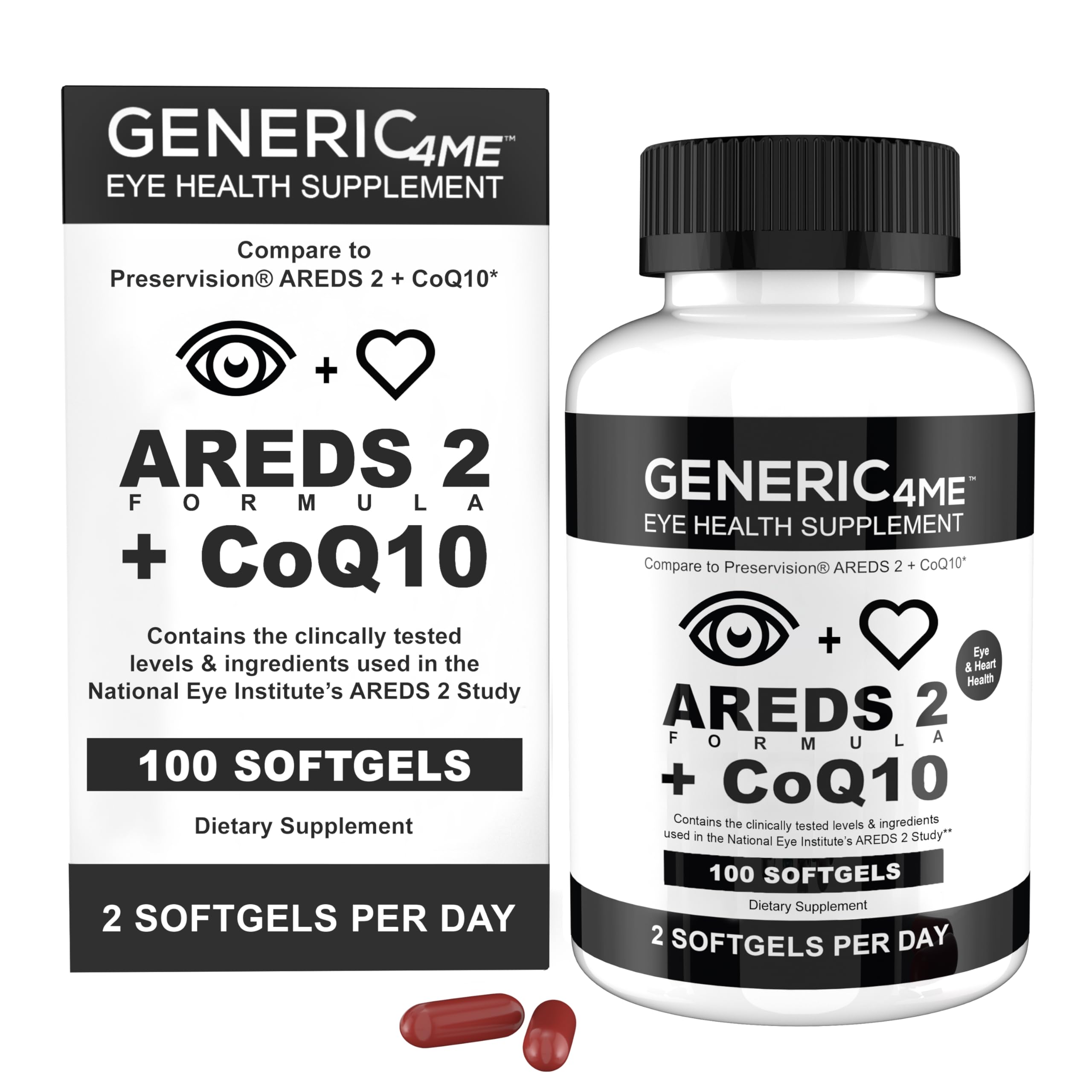 Generic4ME AREDS 2 SoftGels, 100 mg CoQ10 for Heart Health, 500 mg Vitamin C, 400 IU Vitamin E, 10 mg Lutein, 2 mg Zeaxanthin, 80 mg Zinc, 2 mg Copper - Supports Eye Health - 100 Mini SoftGels Generic4MEAu supplements