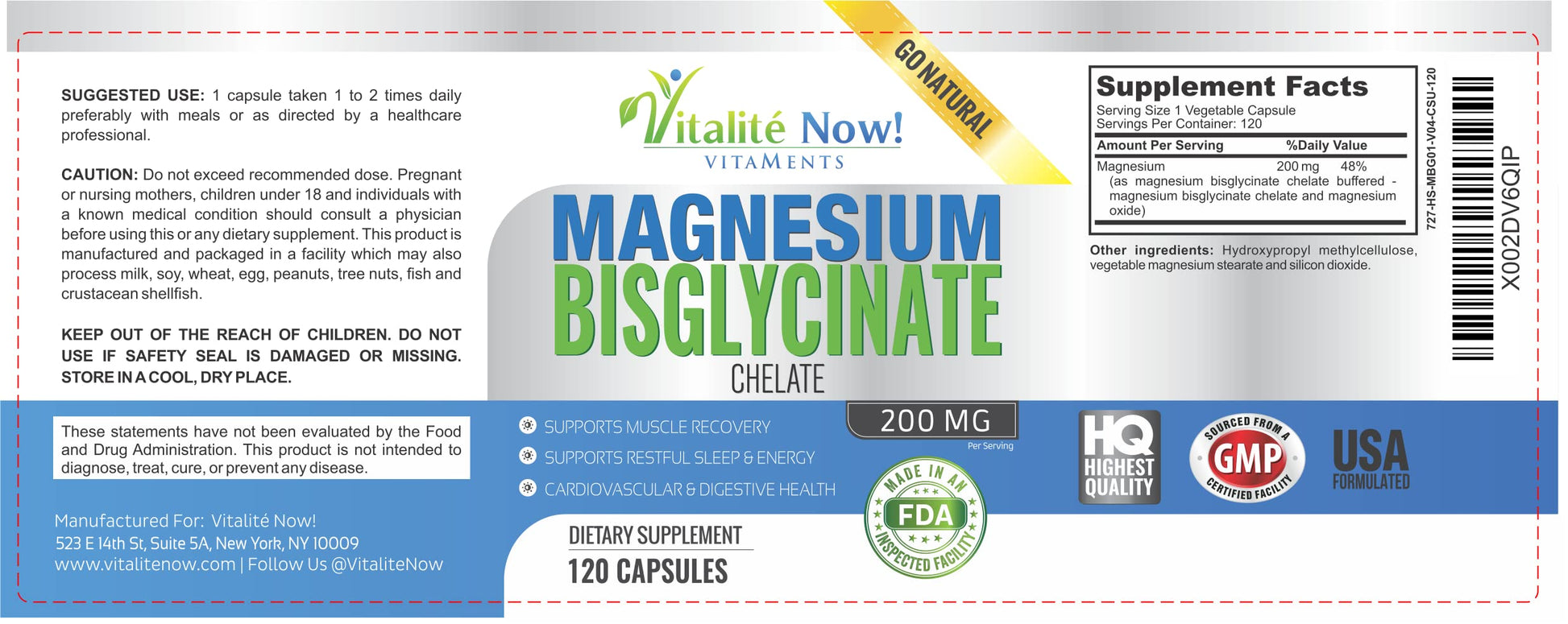 Vitalité Now! Magnesium Bisglycinate 200mg - 100% Chelated Capsules for Superior Absorption - Gentle Formula, No Laxative Effect - Sleep Energy Cramps Muscle Support - Fully Reacted & Buffered Vitalité Now!Au supplements