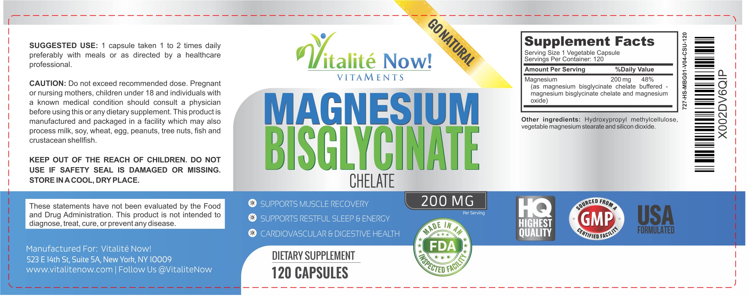Vitalité Now! Magnesium Bisglycinate 200mg - 100% Chelated Capsules for Superior Absorption - Gentle Formula, No Laxative Effect - Sleep Energy Cramps Muscle Support - Fully Reacted & Buffered Vitalité Now!Au supplements