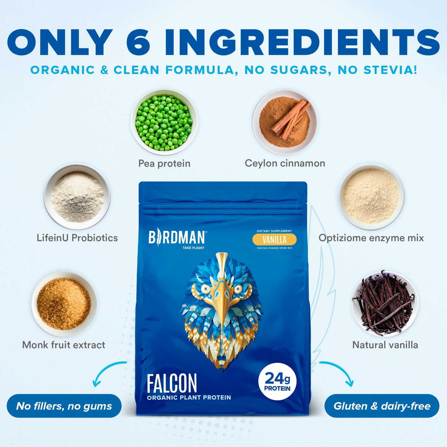 BIRDMAN Falcon Vegan Protein Powder Organic, Stevia & Sugar Free, Plant Based Protein BIRDMANUS supplements