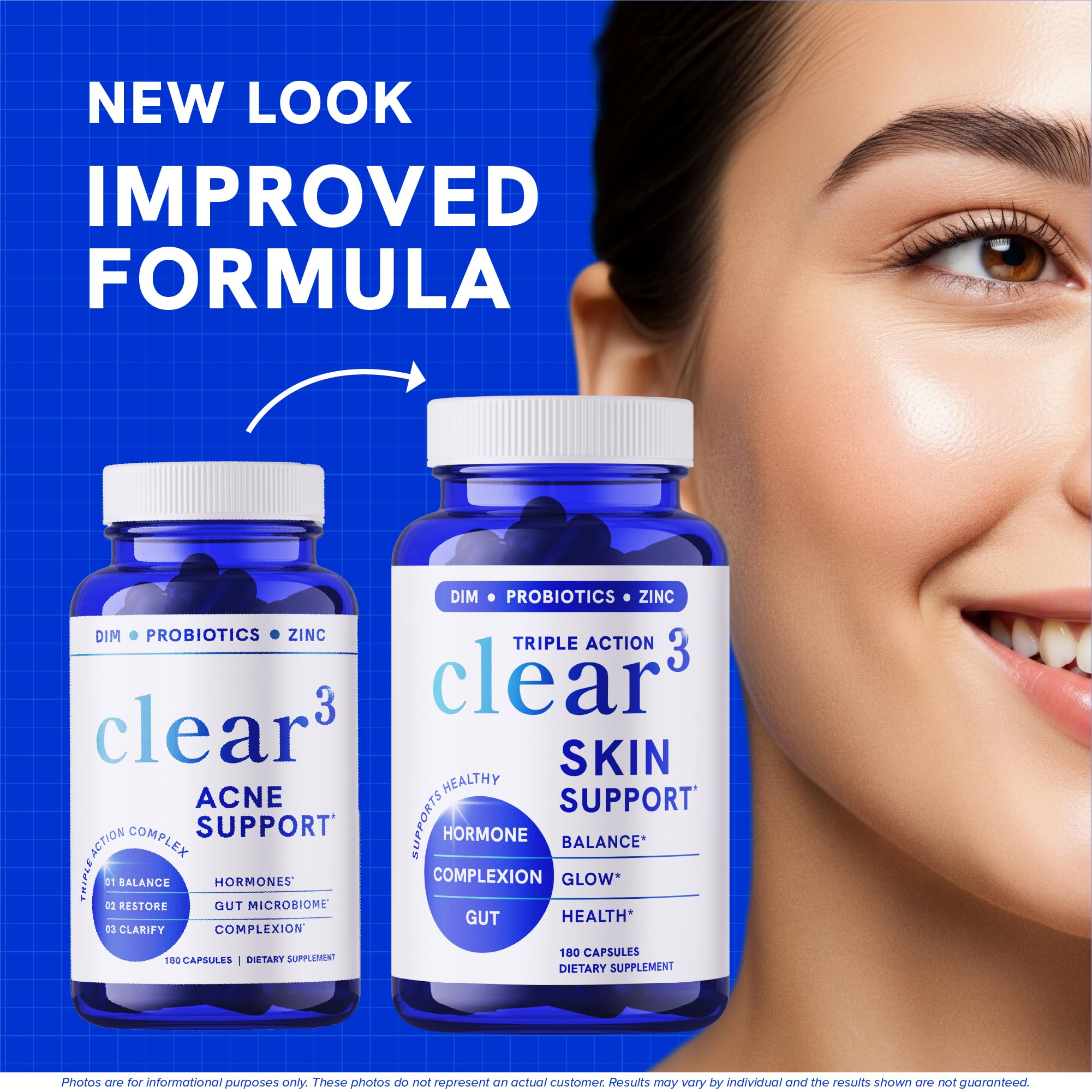 Clear Skin Supplement with Zinc, DIM & Probiotics | 3-in-1 Balance, Glow & Health Skin Support | Triple Action Hyaluronic Acid, Niaciminide & Vitamins for Hormone, Complexion & Gut Support | 180 Ct SMNutritionAu supplements