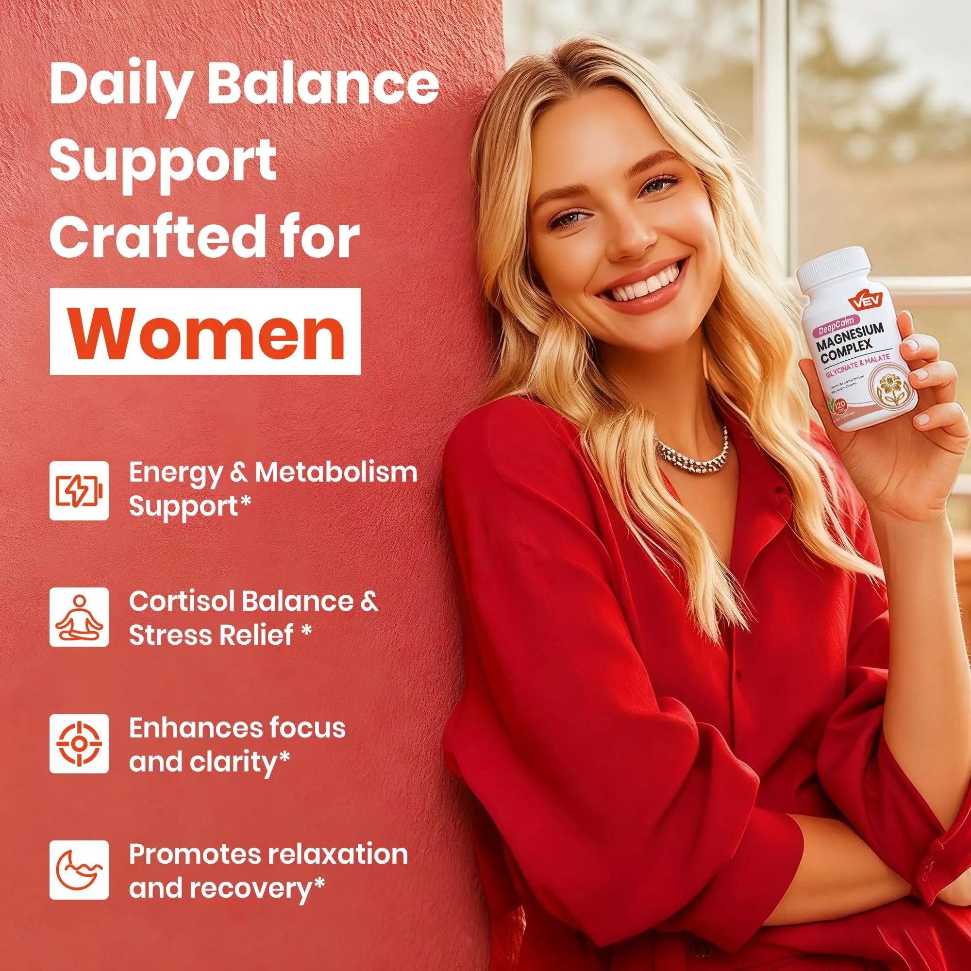 VEV Deep Calm Magnesium Complex for Women – Glycinate, Malate, B6, L-Theanine & Holy Basil – Support for Daily Magnesium & Stress Relief – 120 Vegan Capsules VEVnz supplements