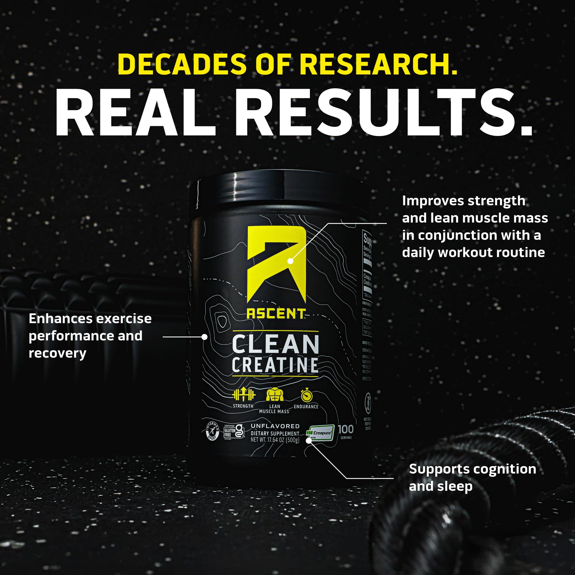 Ascent Clean Creatine Monohydrate Powder - 5G Per Serving, Creapure Creatine Supplement - Unflavored, 100 Servings