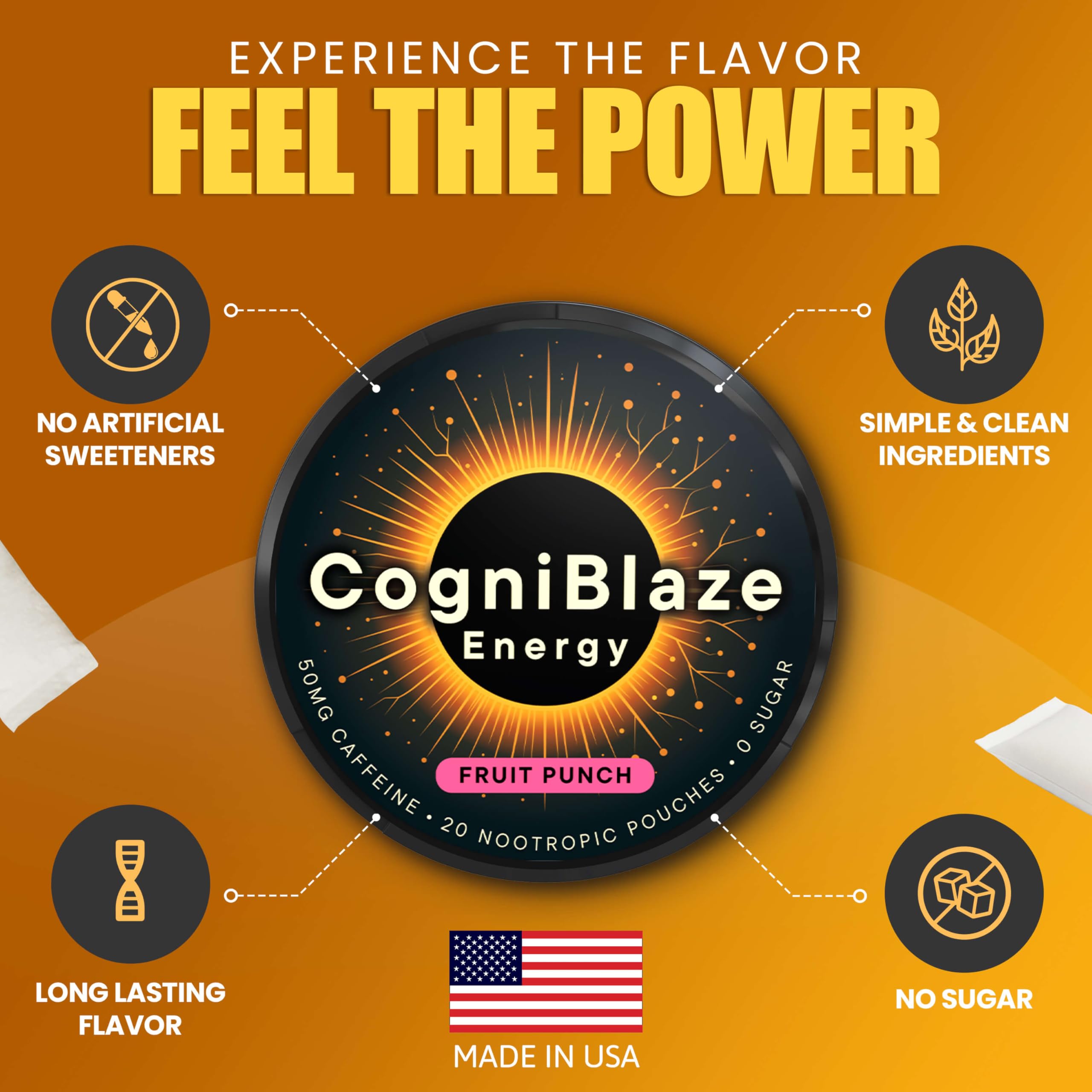 CogniBlaze Caffeine Pouches (Fruit Punch) | Nootropic Energy Pouches with 50mg Caffeine, Alpha GPC, L-Tyrosine & L-Theanine | Zero Sugar | No Artificial Sweeteners | 4 Pack (80 Total) CogniBlazeAu supplements